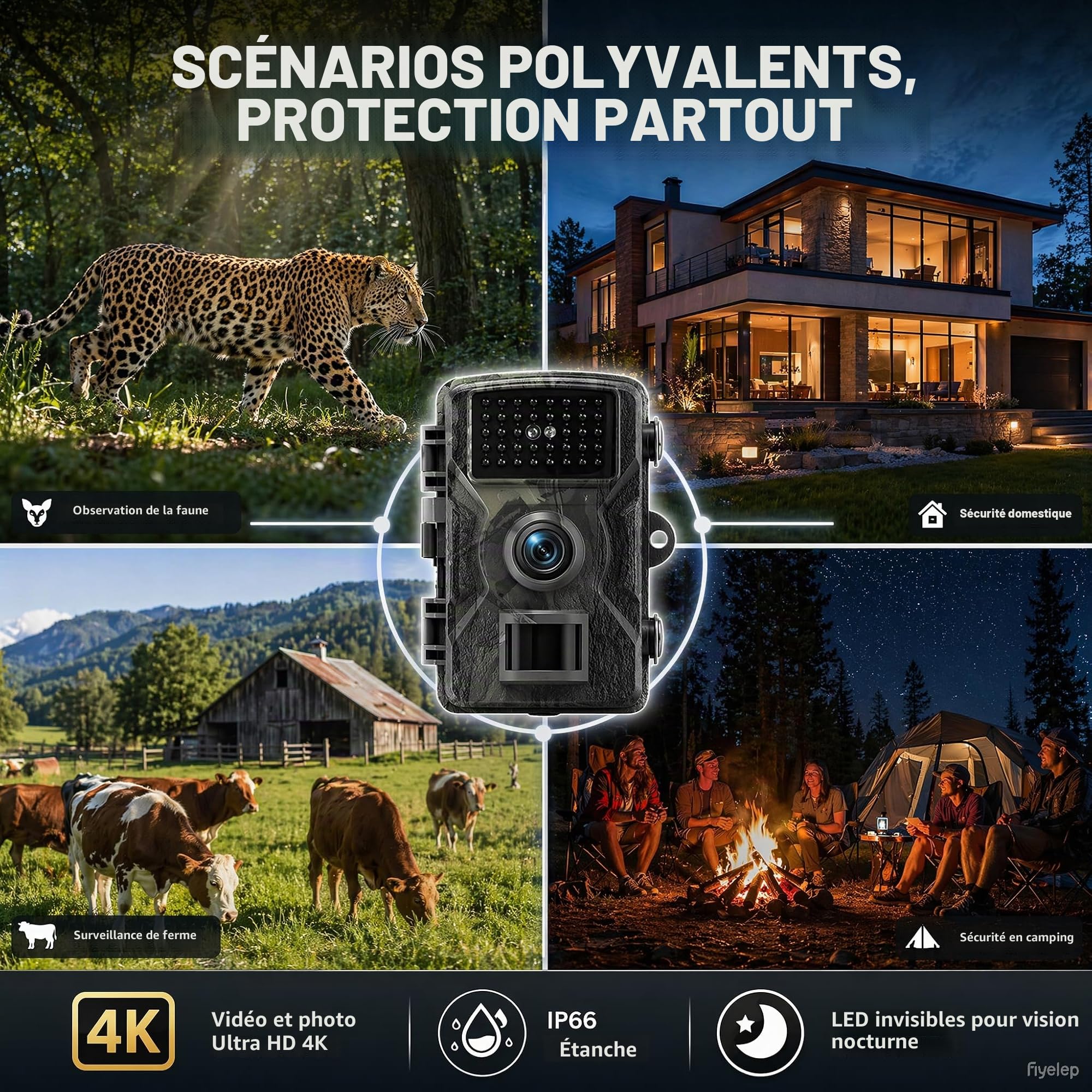 Caméra de Chasse 4K 48MP Infrarouge 940nm Invisible IP66 Étanche 0,1s | 32 Go inclus, détection PIR 20m 130°, -20°C à 60°C, veille 3-6 mois, pour faune sauvage et sécurité extérieure