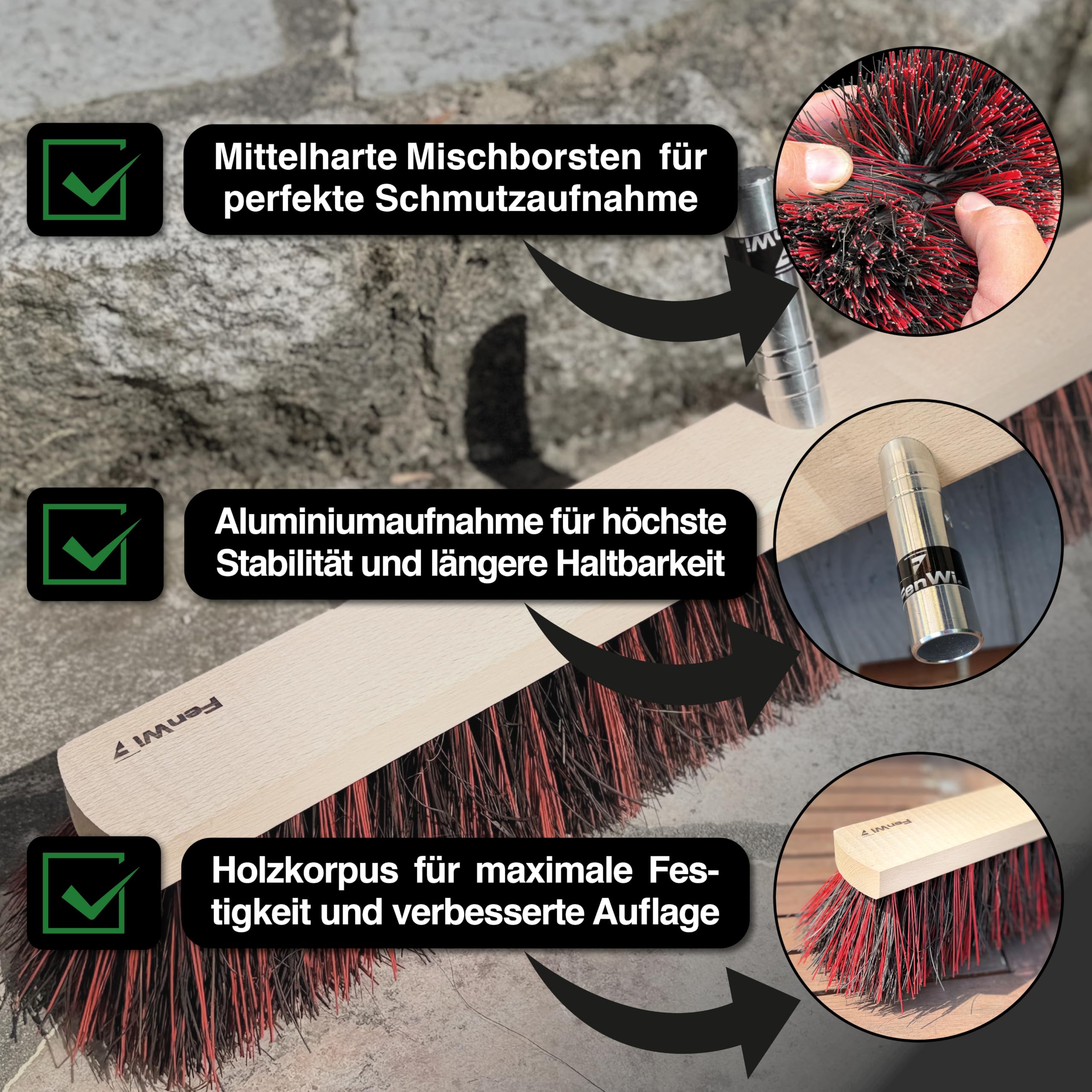 FenWi Flächenbesen mit Kunststoff-Borsten als Zubehör für Teleskopstange | Anbauwerkzeug Besenkopf 65cm breit als Aufrüstung zum Teleskop-Besen