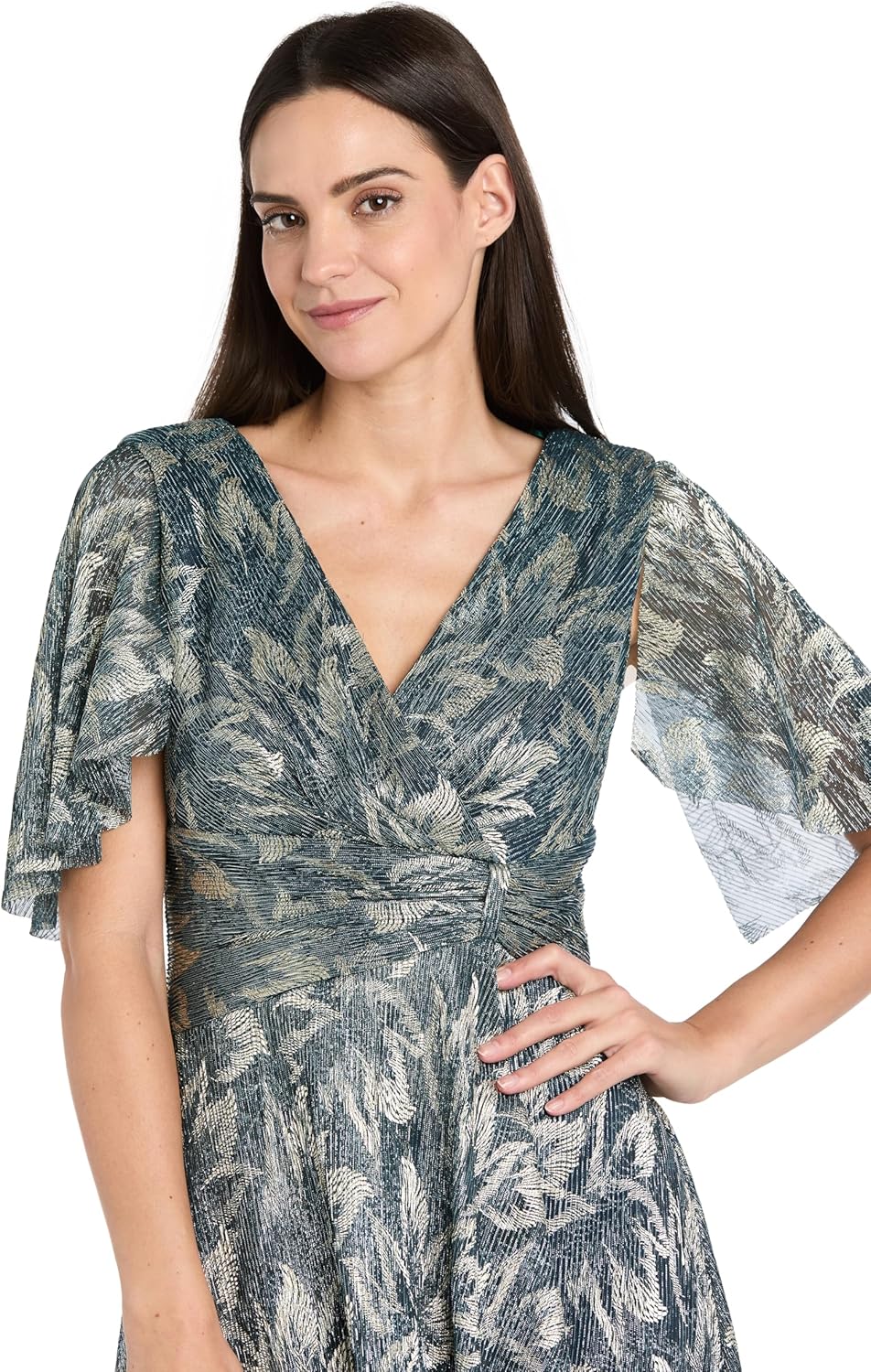 R&M Richards Women's Long Metallic Printed Maxi Dress - Evening Gown W/Flutter Sleeves, Ruched Waist & Back Zipper - Image 2