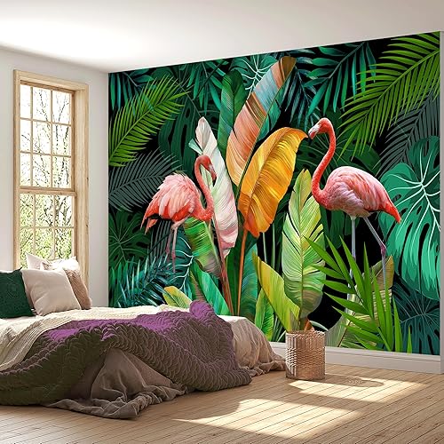 Miniatura 4 de Mural de pared de flamenco tropical, vibrante escena de la selva con pájaros exóticos y hojas exuberantes, sin pegar, ideal para salas de estar,