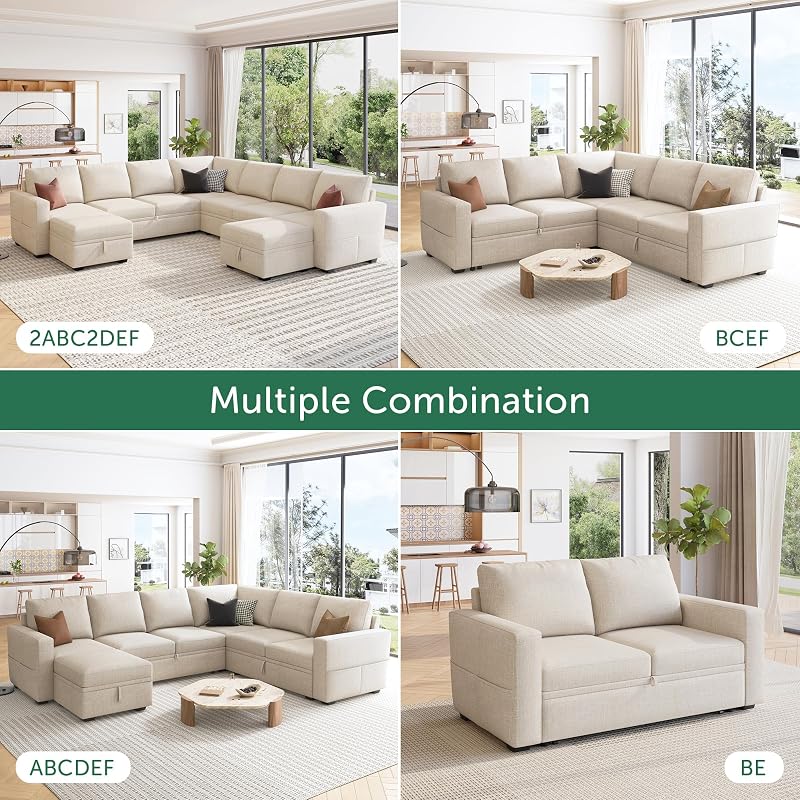 HONBAY Modular Sectional Sleeper Sofa with Pull Out Bed, L Shaped Couch with Storage Seat, Convertible Sectional Couches for Living Room, Beige image 5