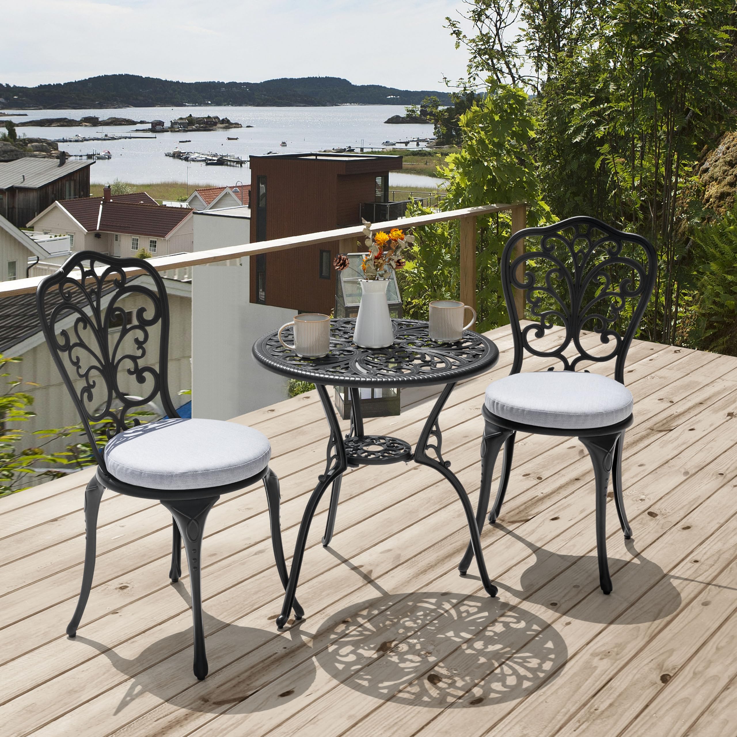 NUU GARDEN Bistro Set 3 Piece Outdoor All Weather Cast Aluminum Patio Bistro Set Patio Table and Chairs Set of 2 with Umbrella Hole and Gray Cushions for Backyard, Balcony, Lawn