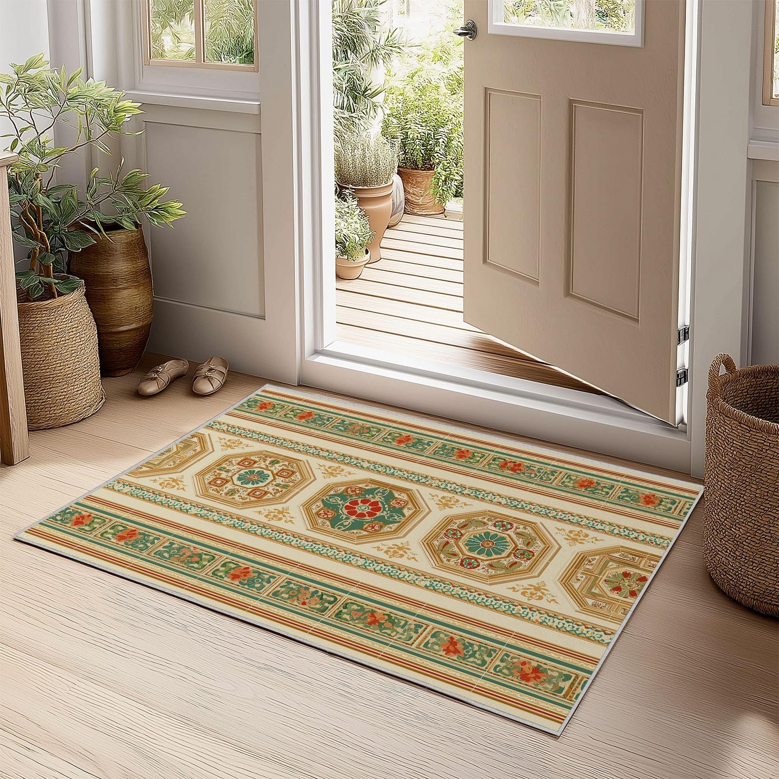 Tappeto Beige Antiscivolo Lavabile, Tappeti Decorativi per Soggiorno Camera da Letto e Aree Interne 180 x 240 cm - con Motivo Stampato Retrò Tradizionale Geometrico Floreale