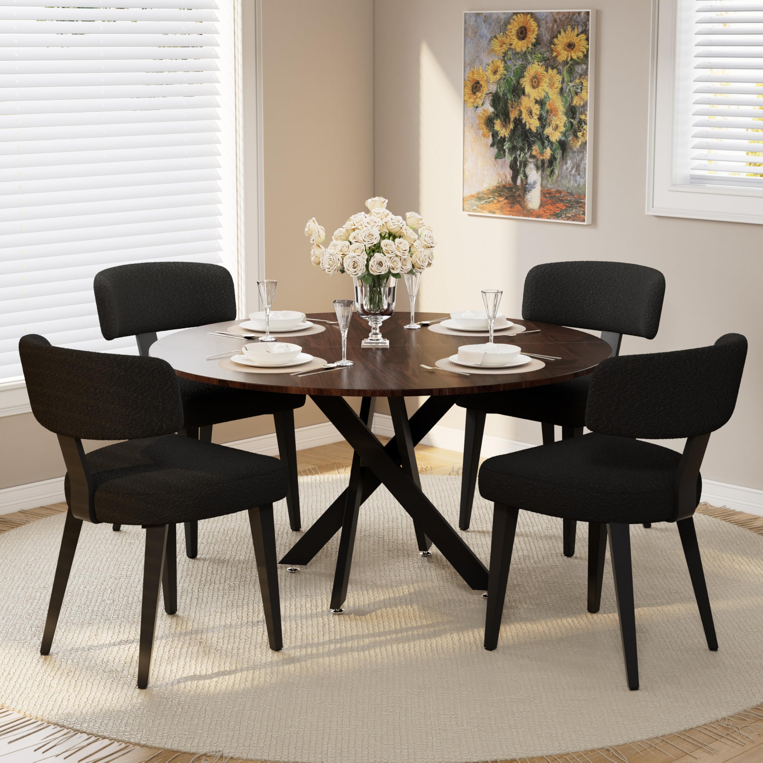 Wood Dining Table Set for 4, 47" Round Kitchen Table with 4 Boucle Dining Chairs, MDF Tabletop with Metal Legs, Ergonomic Dining Chair with Metal Legs(Woodgrain Table)