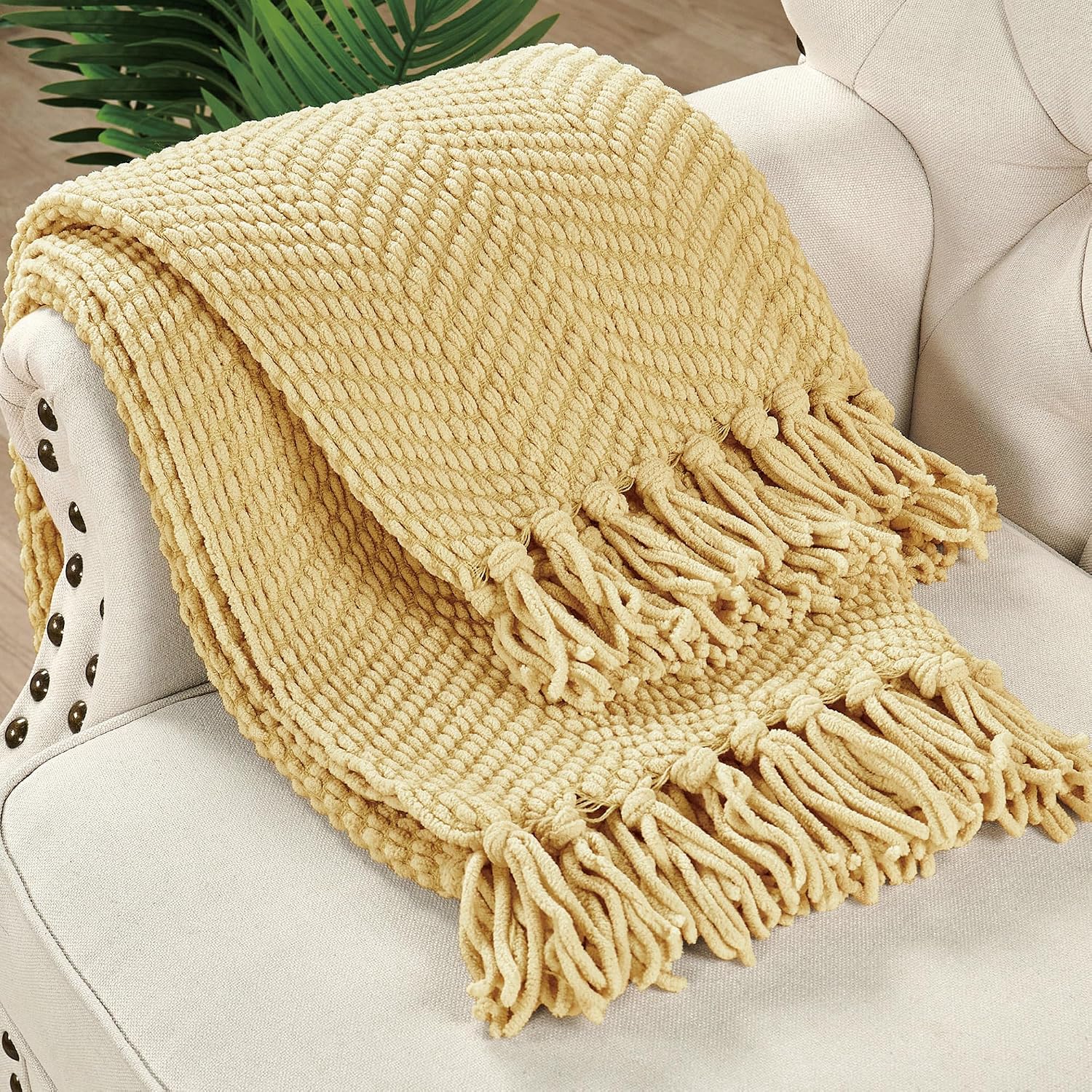 HESTIN Knitted Tassel Throw Blanket 50"x60" Straw, Soft Lightweight & Breathable, Colorfast Open Weave Design for Couch Sofa Bed Outdoor