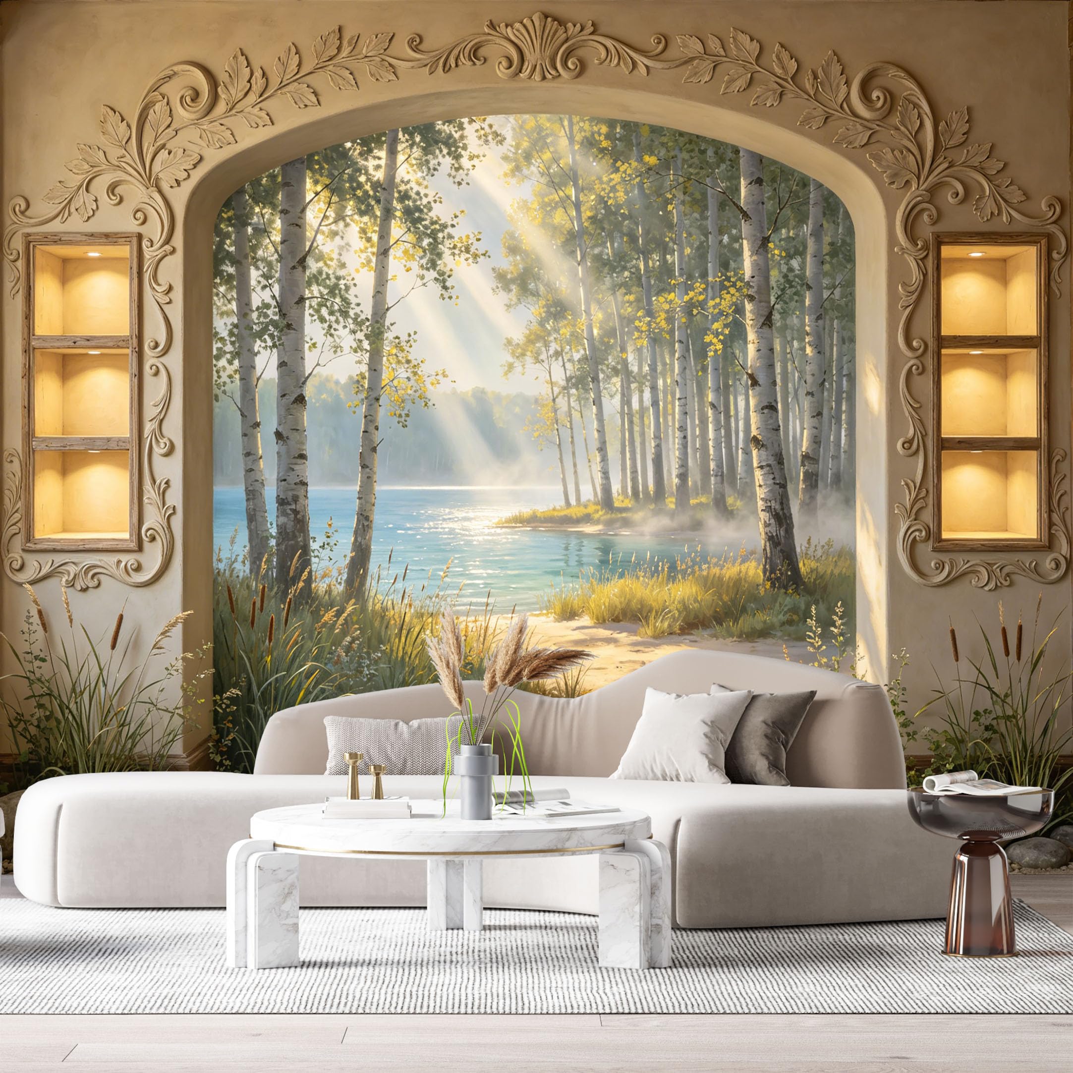 Custom Size Wall Murals Forest Landscape Archway Lake Mist Oil Painting 3D Trompe L'Oeil SelfAdhesiveWall Fabric Removable Wallpaper Wall Decor for Living Room Bedroom Bathroom