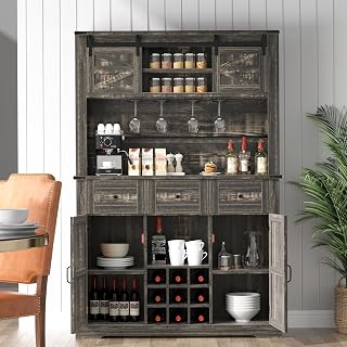 72" Farmhouse Coffee Bar Cabinet with Sliding Barn Doors, Adjustable Shelves, Wine & Glass Racks - Rustic Oak Kitchen Hutch Buffet Sideboard