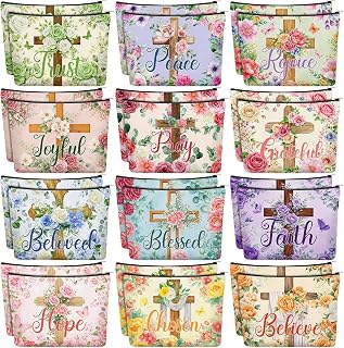 Sweetude 24 Pcs Religious Makeup Bag Bulk Christian Flower Cross Portable Travel Cosmetic Bags with Zipper Cross Waterproof Roomy Travel Toiletry Organizer Storage Beauty Pouch for Women Gifts