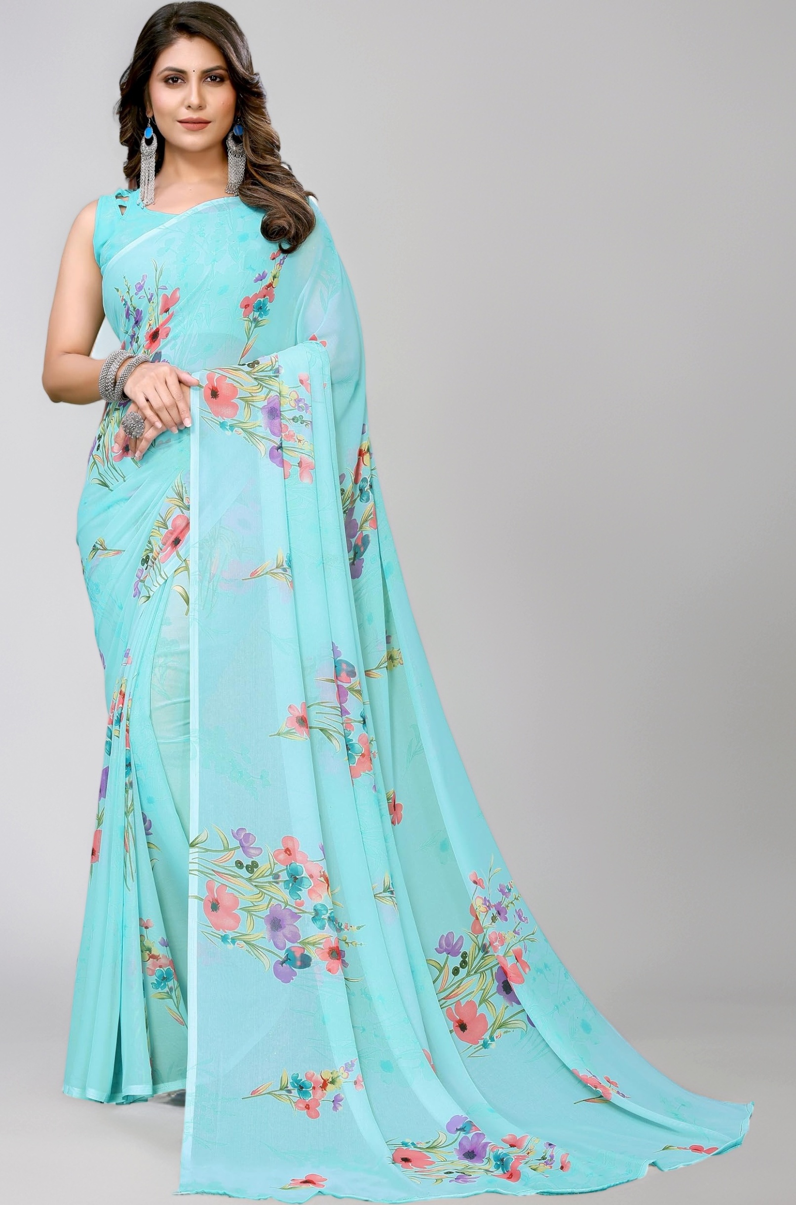 Women's Trendy Printed Georgette Purple Color Saree with Blouse Material