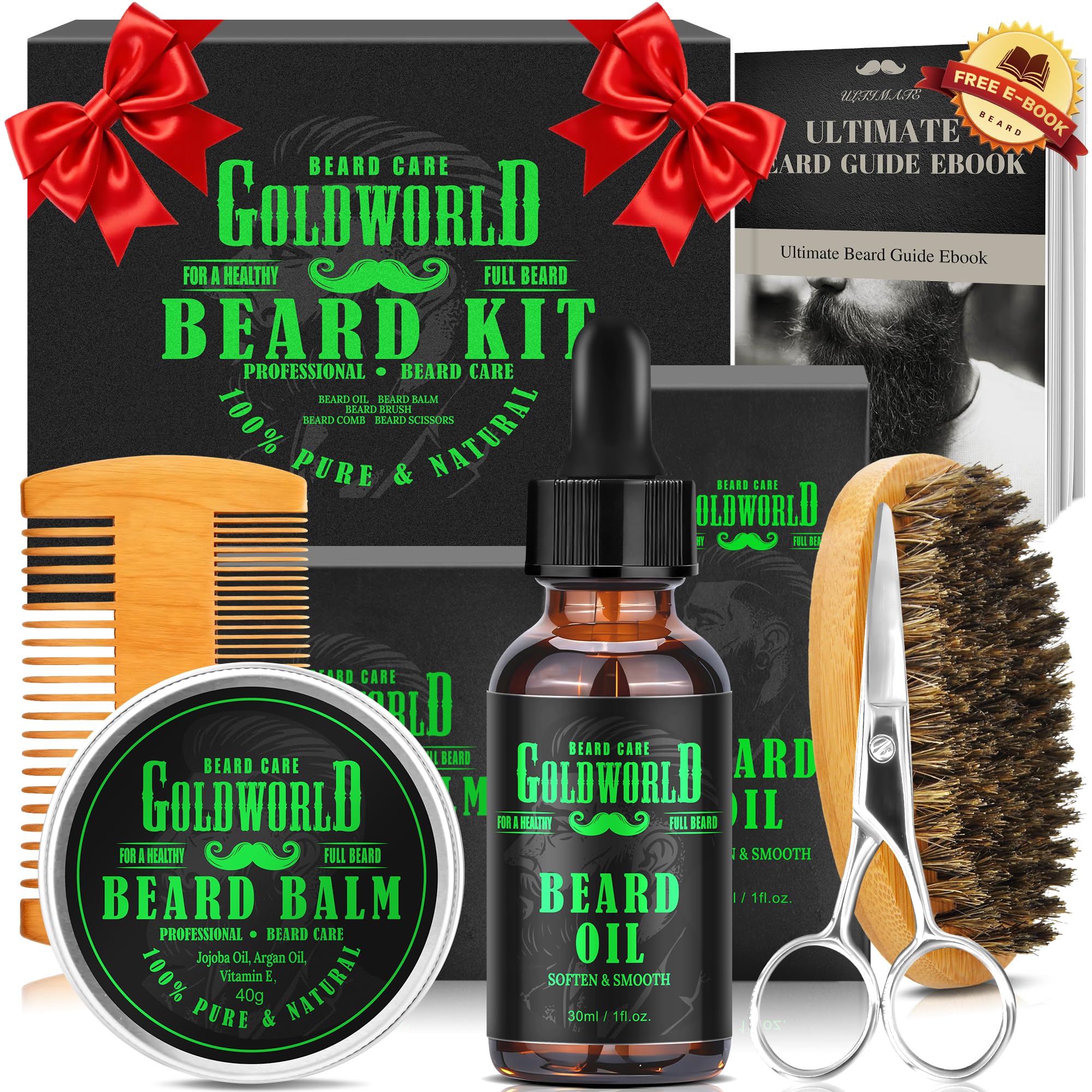 Beard Kit Beard Grooming Kit w/Beard Oil Balm Brush Comb Scissor e-Book Christmas Stocking Stuffers Gifts Ideas for Men Him Dad Boyfriend Husband Mens