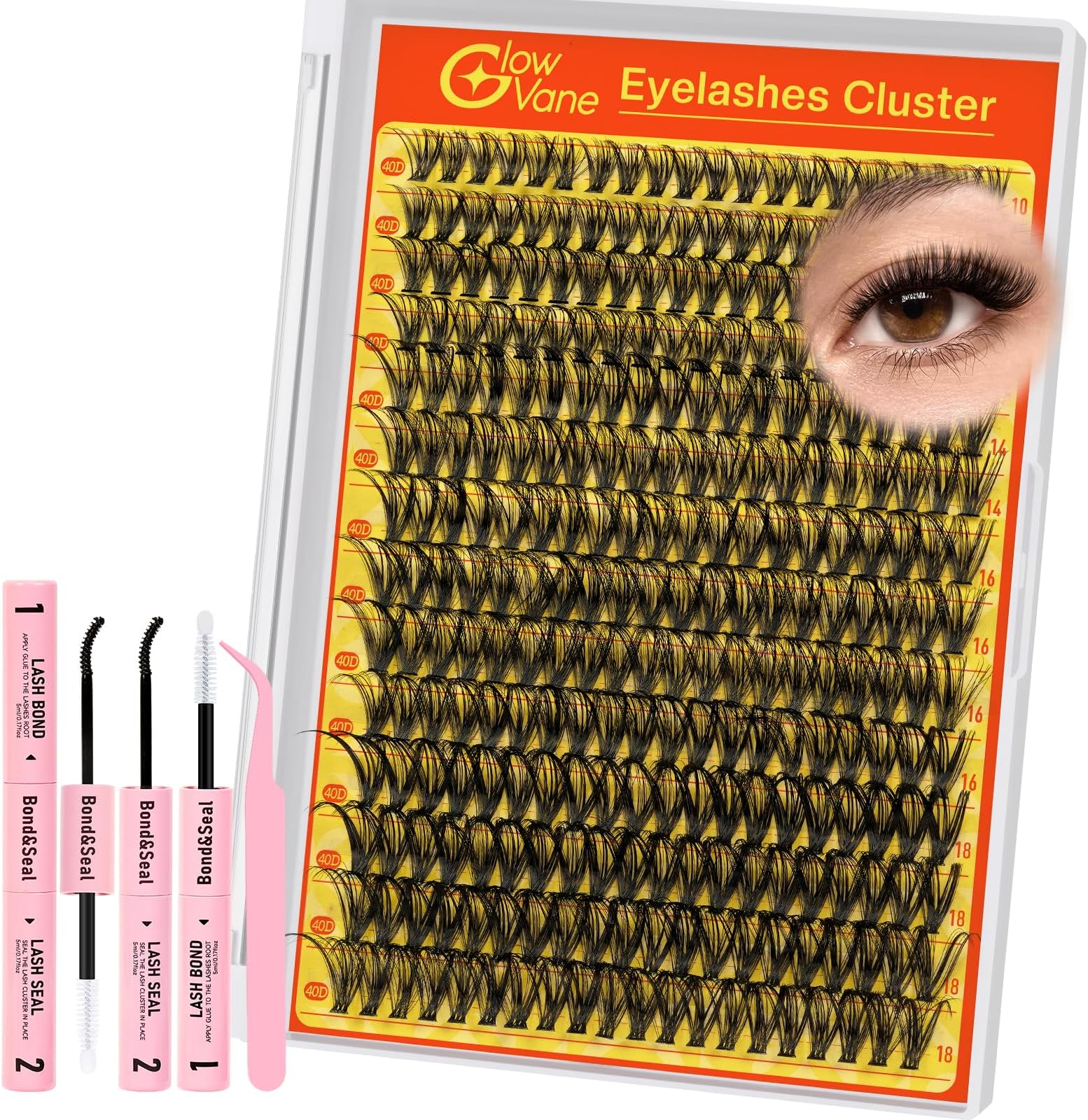 Cluster-Lashes Kit D Curl, Glowvane 280PCS Eyelashes Individual Kit 10-18mm, Cluster Lashes with Lash Bond and Seal and Tweezers, Reusable Eyelash Clusters Easy to Use and Remove(40D)