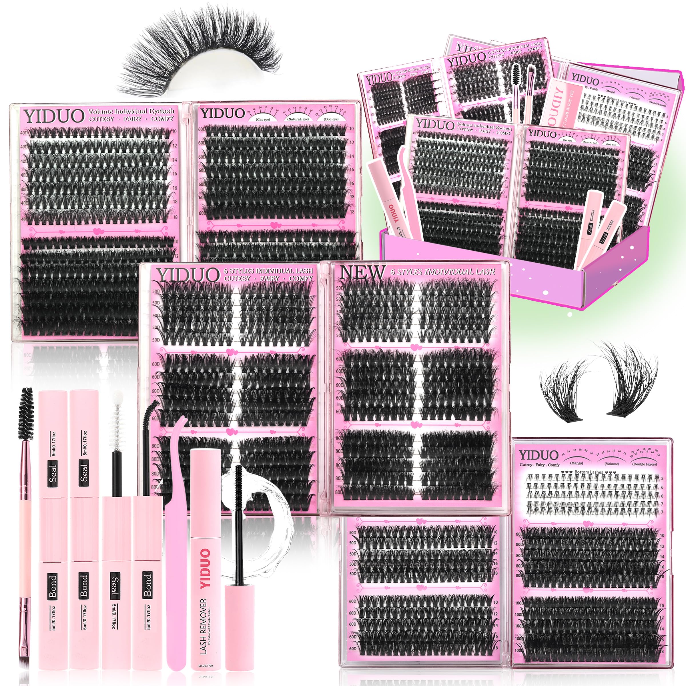 YIDUO 6 Box Mix Lashes Clusters Kit Gift Packs 1686Pcs with 2X Bond Seal Volume Mega Bottom Soft