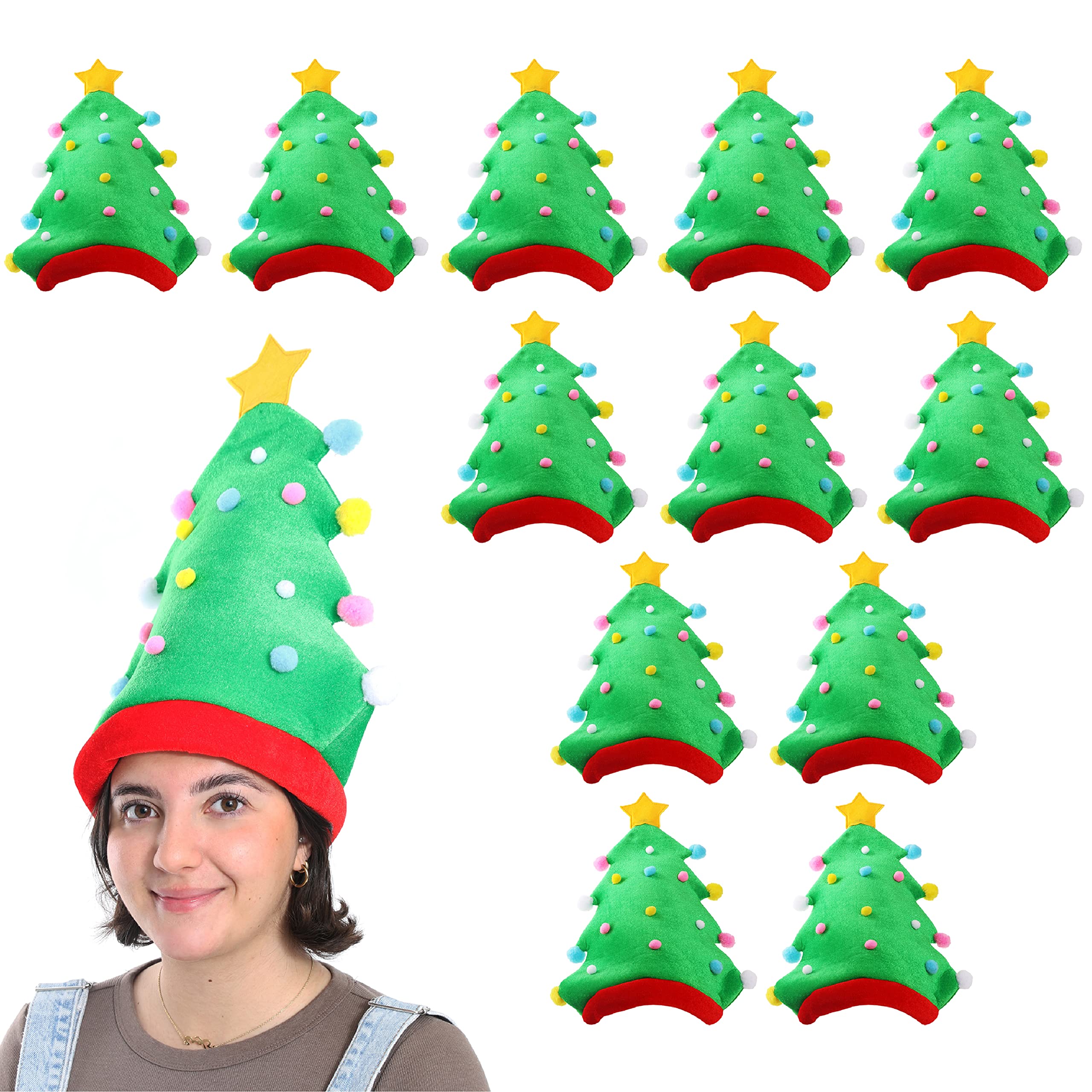 Sombrero de árbol de Navidad, paquete de 12 unidades, sombrero verde en forma de árbol con pompones multicolor y estrella de Navidad, accesorio para disfraz de fiesta de Navidad para adultos