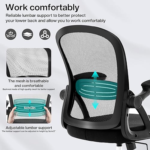 Miniatura 5 de Silla de oficina ergonómica, silla de escritorio cómoda, silla de oficina de malla con reposabrazos tapizado abatible de 90, silla pequeña de