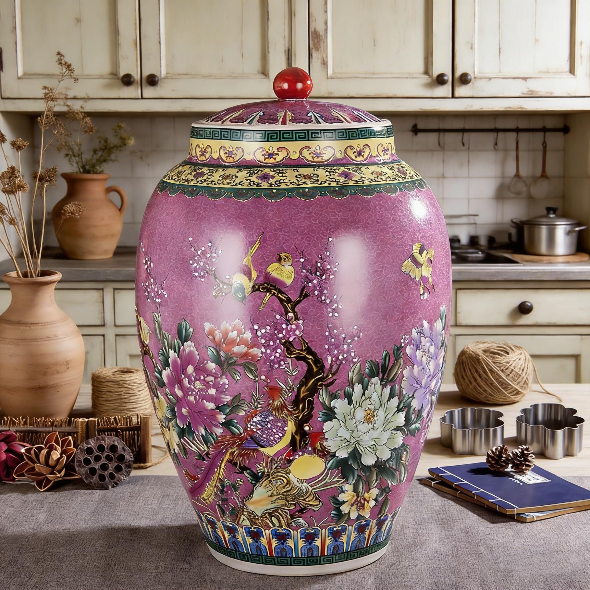 MMleYN Chinese Style Hand-Painted Ceramic Rice Container With Lid Large Airtight Grain Storage Jar Multi-Purpose Food Dispenser For Candy Cereal Snacks Coffee Beans Sugar Flour(E,15kg)