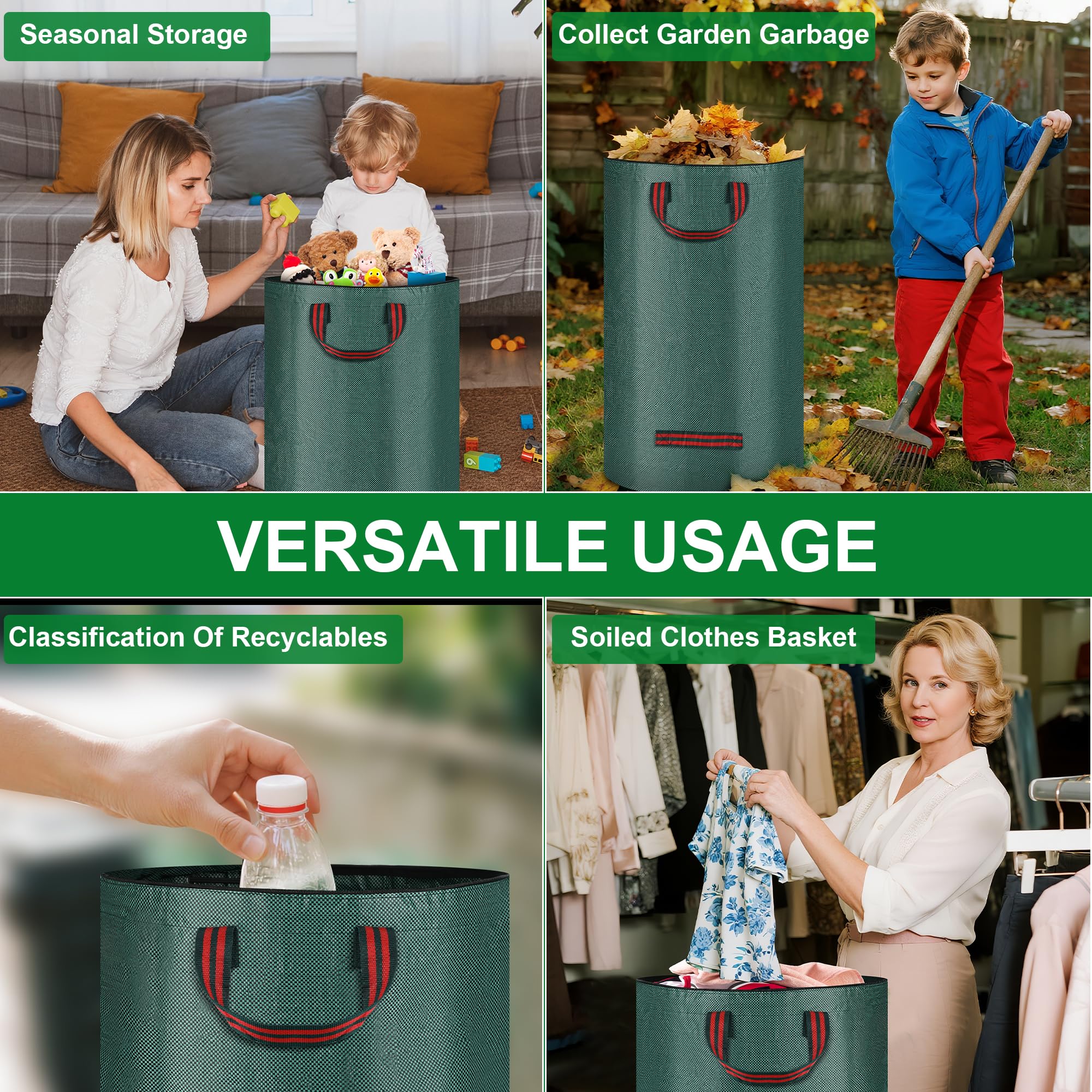 JAWELL Sacchi per Rifiuti da Giardino, 2 x 120L Sacchi da Giardinaggio con Coperchio, Sacchi per Raccogli Foglie da Giardino con Maniglie, Antistrappo, Idrorepellente, per Foglie, Rifiuti Verdi