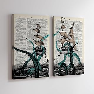 Poster Master 2-Piece Kraken Tentacle Canvas - Giant Octopus and Broken Ship Print - Dictionary Art - Gift for Men, Women - Nautical Wall Decor for Ocean or Beach House - Available in 8x10 to 30x40