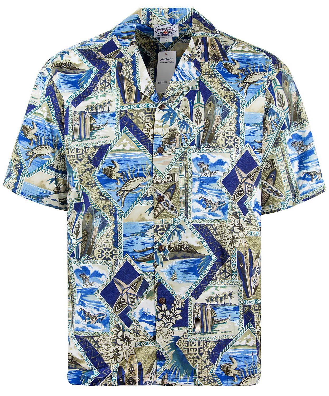 P.L.A. | Original Camicia Hawaiana | Signori | S - 4XL | Maniche Corte | Tasca Frontale | Hawaii Stampa | Tartarughe | Puzzle | Blu