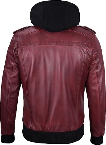 fjackets Men Hooded Leather Jacket - Real Lambskin Men's Bomber Leather Jackets with Detachable Hood Stylish Casual Outerwear