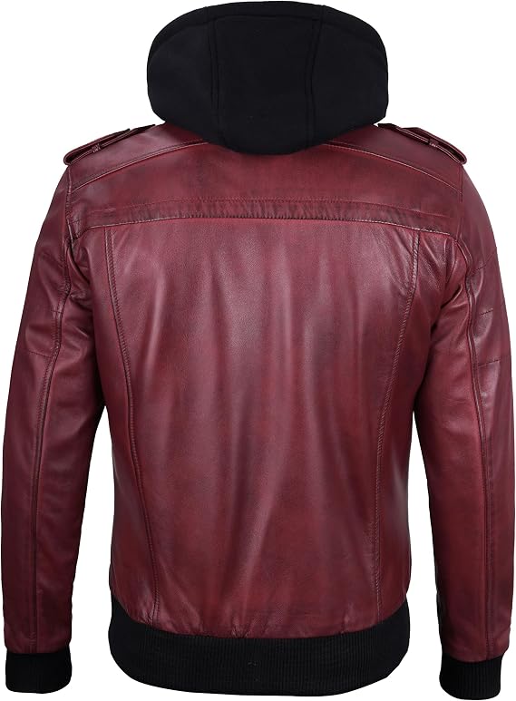fjackets Men Hooded Leather Jacket - Real Lambskin Men's Bomber Leather Jackets with Detachable Hood Stylish Casual Outerwear