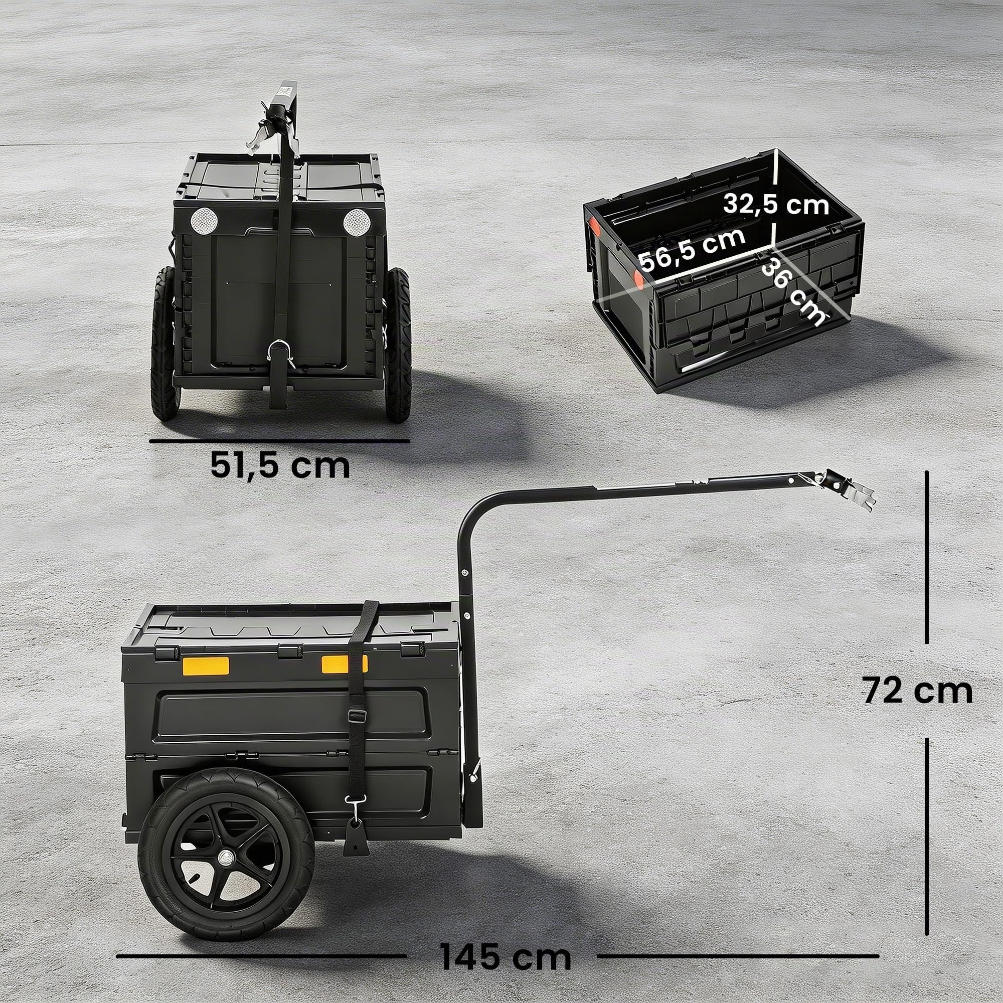 SPORTNOW Rimorchio Bici Cargo Pieghevole Cassa Plastica 65L Coperchio Nero | Carrello da trasporto 30 kg, sgancio rapido, carrello da giardino, ruote 12", adesivo riflettente, bandiera