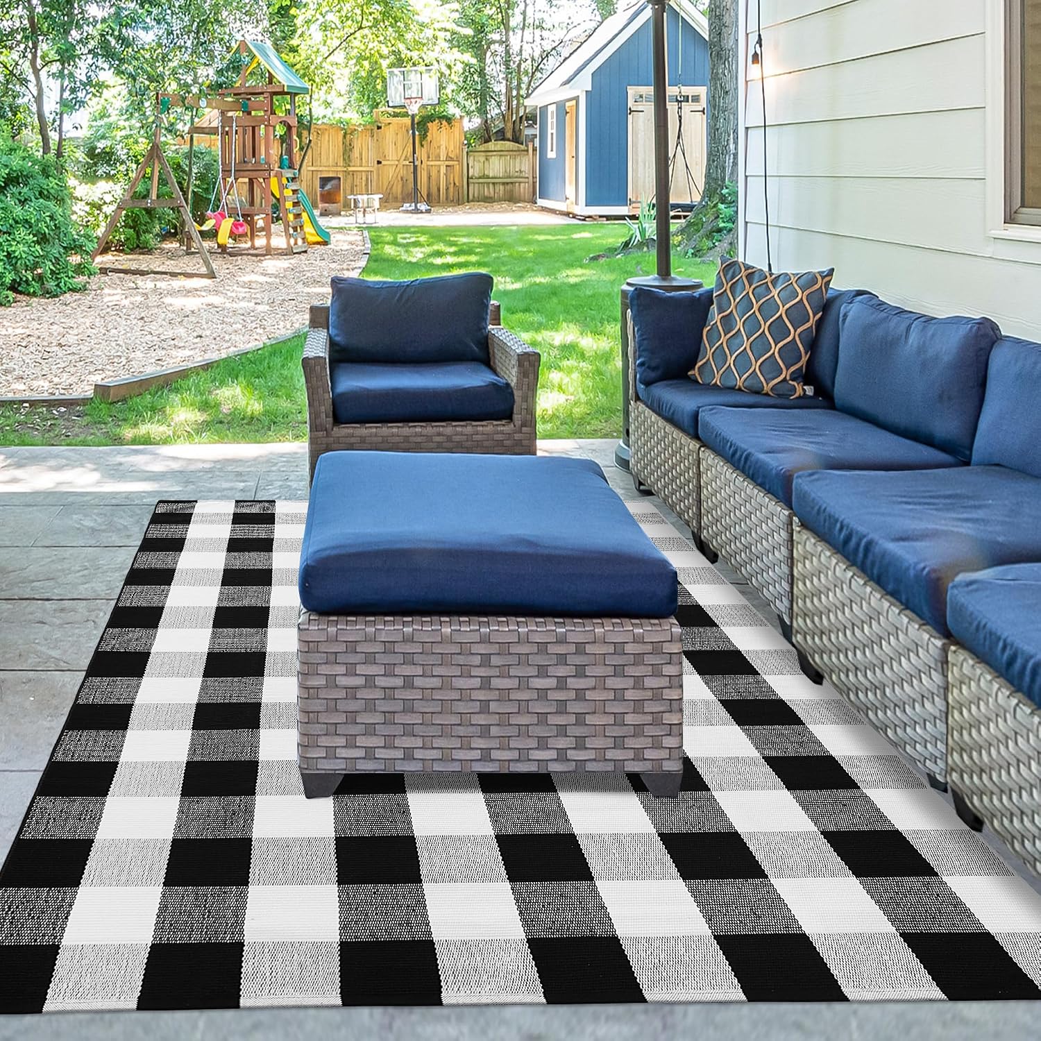 Buffalo Plaid Outdoor Patio Rug 4x6 Feet Buffalo Check Rug Cotton Woven Black and White Checkered Outdoor Indoor Rug Washable Carpet for Living Room Dining Room Bedroom Farmhouse