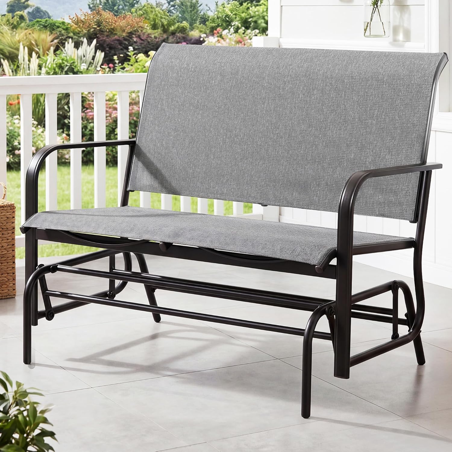 Shintenchi 2-Person Outdoor Glider Bench with Breathable Fabric, Steel Frame Patio Swing Chair, Ergonomic Design Metal Rocking Bench Loveseat for Patio, Backyard, Poolside, Gray