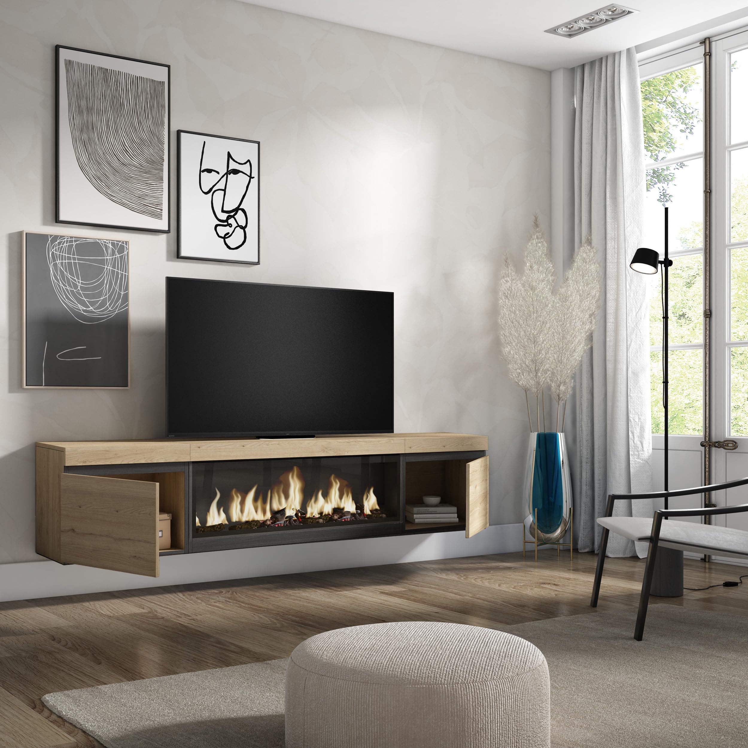 Skraut Home | Mueble TV | Televisión | Muebles de salón, almacenaje | 210 | para TV hasta 80" | Chimenea eléctrica XXL | Colgado, Suspendido | Estilo Moderno | Roble