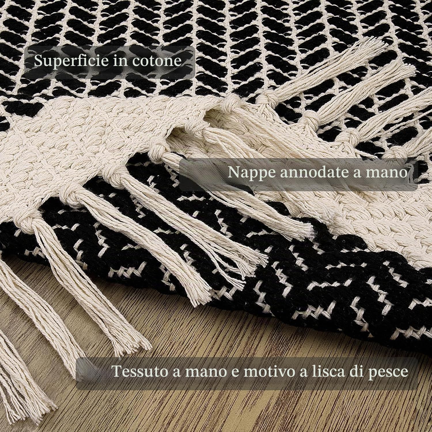 Tappeto Boho, in cotone tessuto, con nappe, lavabile, stile rustico, bianco e nero, tappeto corto (Nero, 60 x 180 cm)
