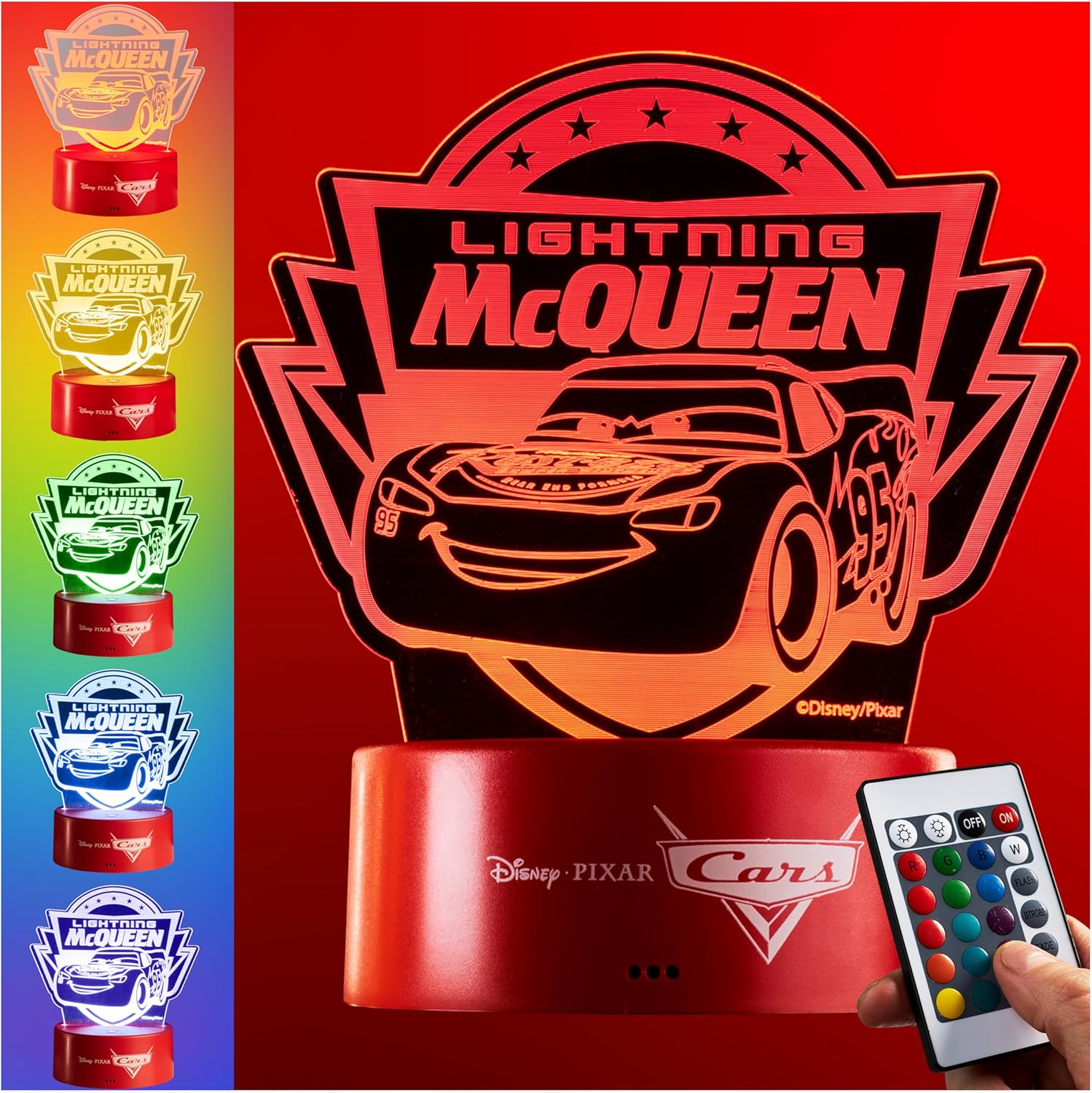 Get Trend Disney Cars Lightning McQueen 3D Illusion Night Light for Kids, 16 Colors, 4 Lighting Modes, Dimmable, Dual Powered LED Desk Lamp, Bedroom Decor, Gifts for Boys (Multi Cars)