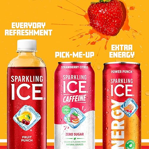 Miniatura 6 de Sparkling Ice +Caffeine, Fresa Cítrico. Agua con gas saborizada, con antioxidantes y vitaminas, cero azúcar. Latas de 16 oz (Paquete de 12)