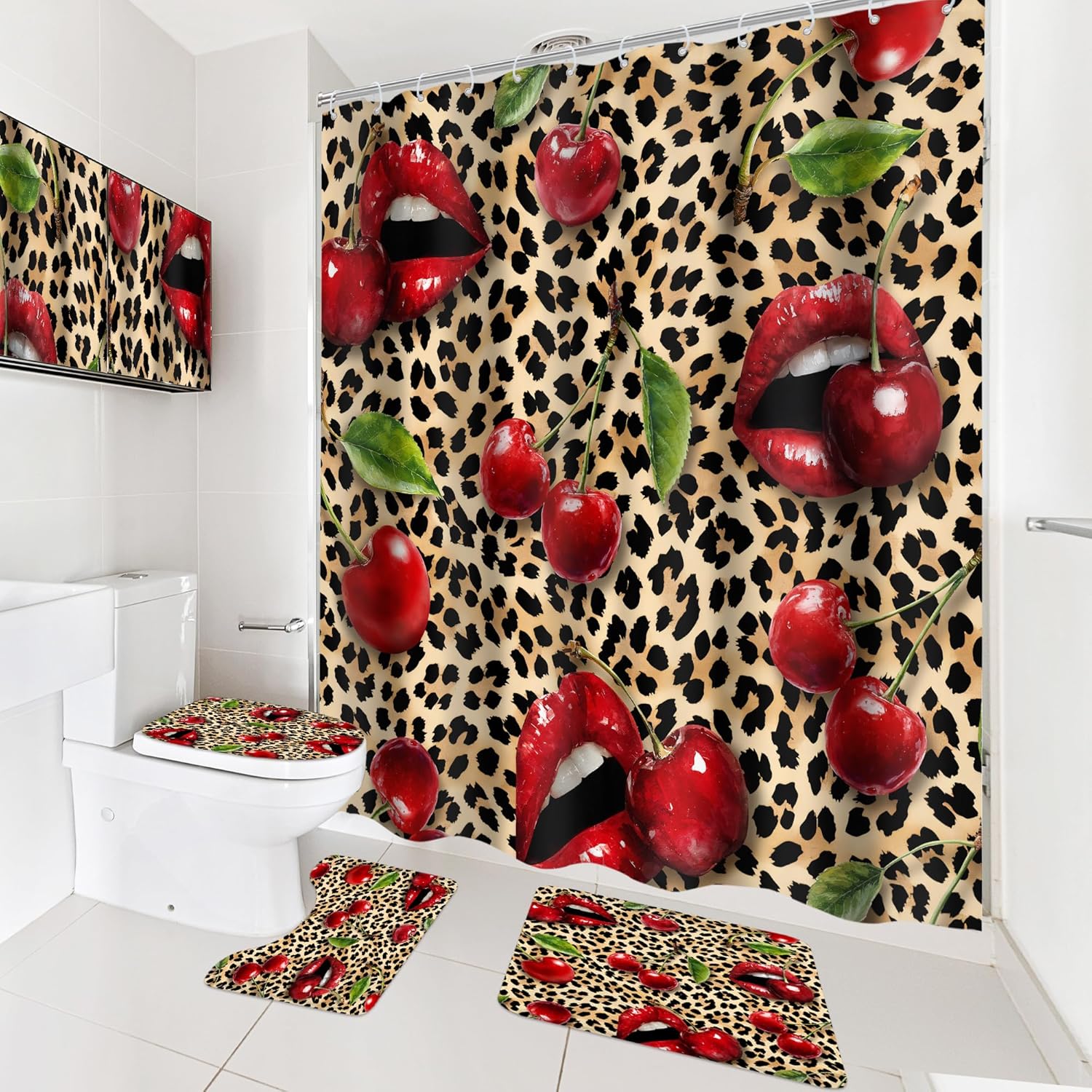 Cinbloo 4Pcs Leopard Print Shower Curtain Set, Red Cherry Lips Vintage Retro Wild Safar Skin Pattern Bathroom Curtain with Rug, Toilet Lid Cover, Bath Mat, Girly Sweet Shower Curtain with 12 Hooks