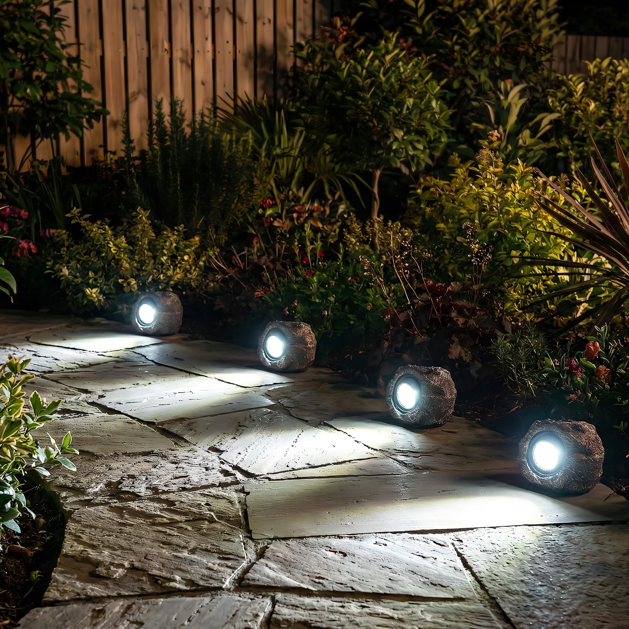 VISFLAIR Luci solari a forma di roccia, confezione da 4 faretti a LED a energia solare, impermeabili, decorativi per giardino, vialetto, vialetto, cortile, paesaggio, patio