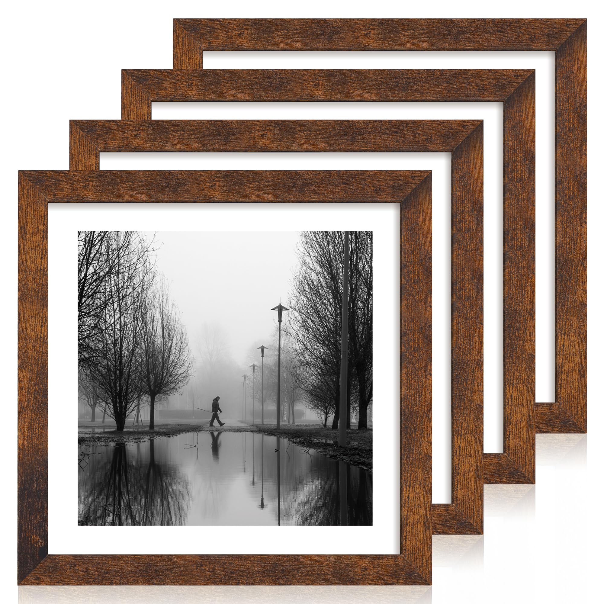 irahmen 12x12 picture frame set of 4 with tempered glass, rustic frame display 10x10 pictures with mat or 12 x 12 without mat, wood square photo frames for desktop display and wall mounting