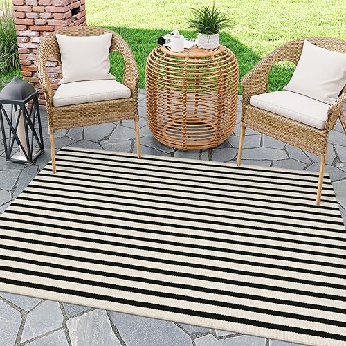 Vista 30 de Alfombra de exterior a rayas blancas y negras, 2 x 3 pies, de algodón, moderna, tejida a mano, reversible, para porche, puerta de bienvenida, 1 tira
