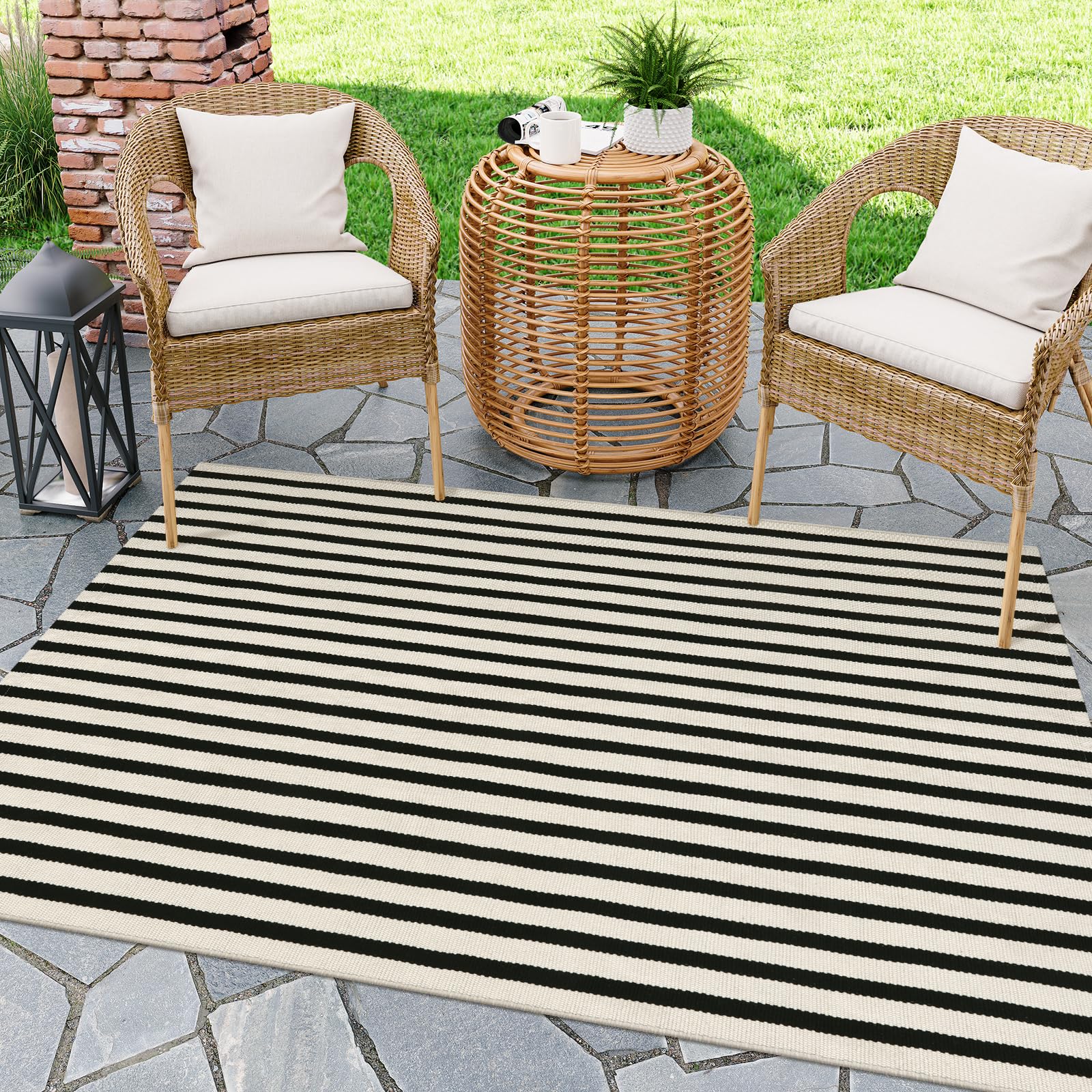 LEEVAN Black and White Outdoor Rug 4x6 ft, Cotton Farmhouse Striped Porch Rugs Hand-Woven Front Door Mat Modern Patio Rug Washable Indoor/Outdoor Area