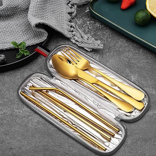 Miniatura 3 de Fashionwu Juego de cubiertos de acero inoxidable utensilios portátiles 8 piezas juego de cubiertos de viaje para campamento con cuchillo de cena