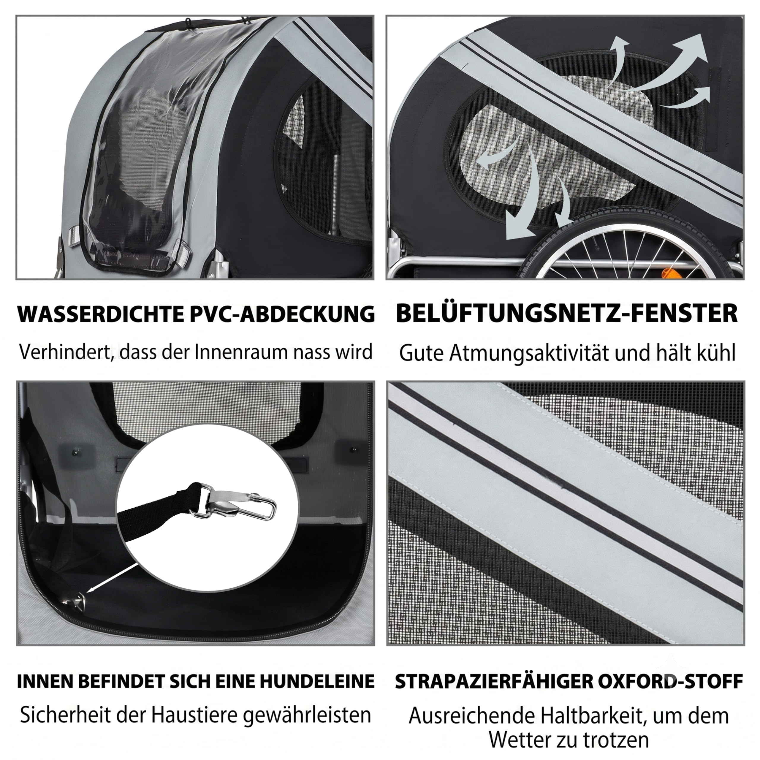 Hundeanhänger Fahrrad XL, Faltbarer Hundefahrradanhänger mit 20" Luftreifen, robuste Oxford Belüftungsfenster, Stabiler Fahrrad Anhänger mit Sicherheitsdrehkupplung, Grau