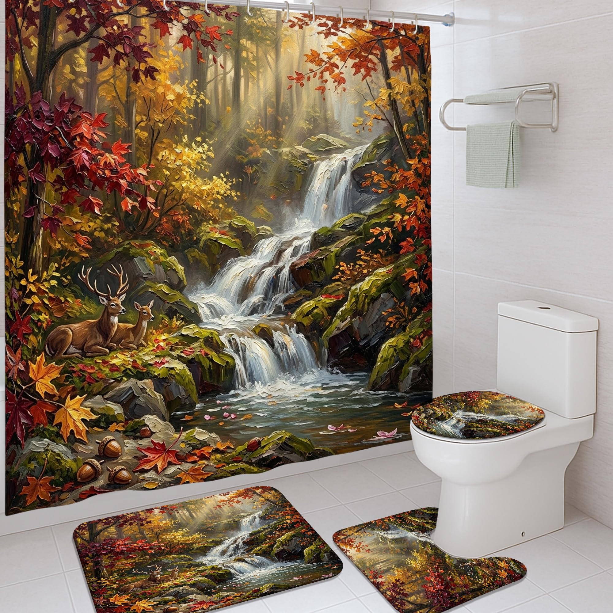 Rideau de douche cerf d'automne et tapis assortis pour chambre d'amis