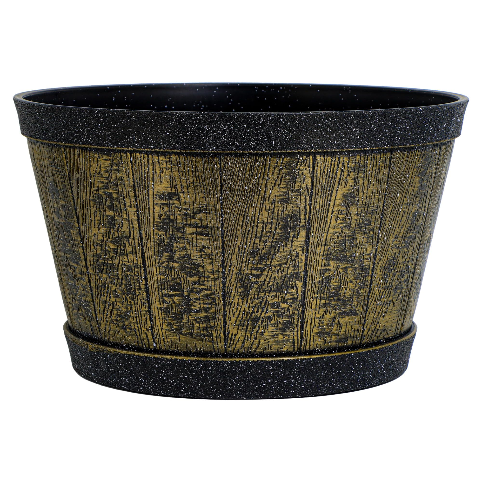 SG Traders Round Plastic Whisky Barrel Garden Pot Flower Pots Planter Tub Patio Pot Outdoor Traditional Barrel Brown with Silver Bands Garden Plant Pot Outdoors with Drainage Holes (Pack of 1)