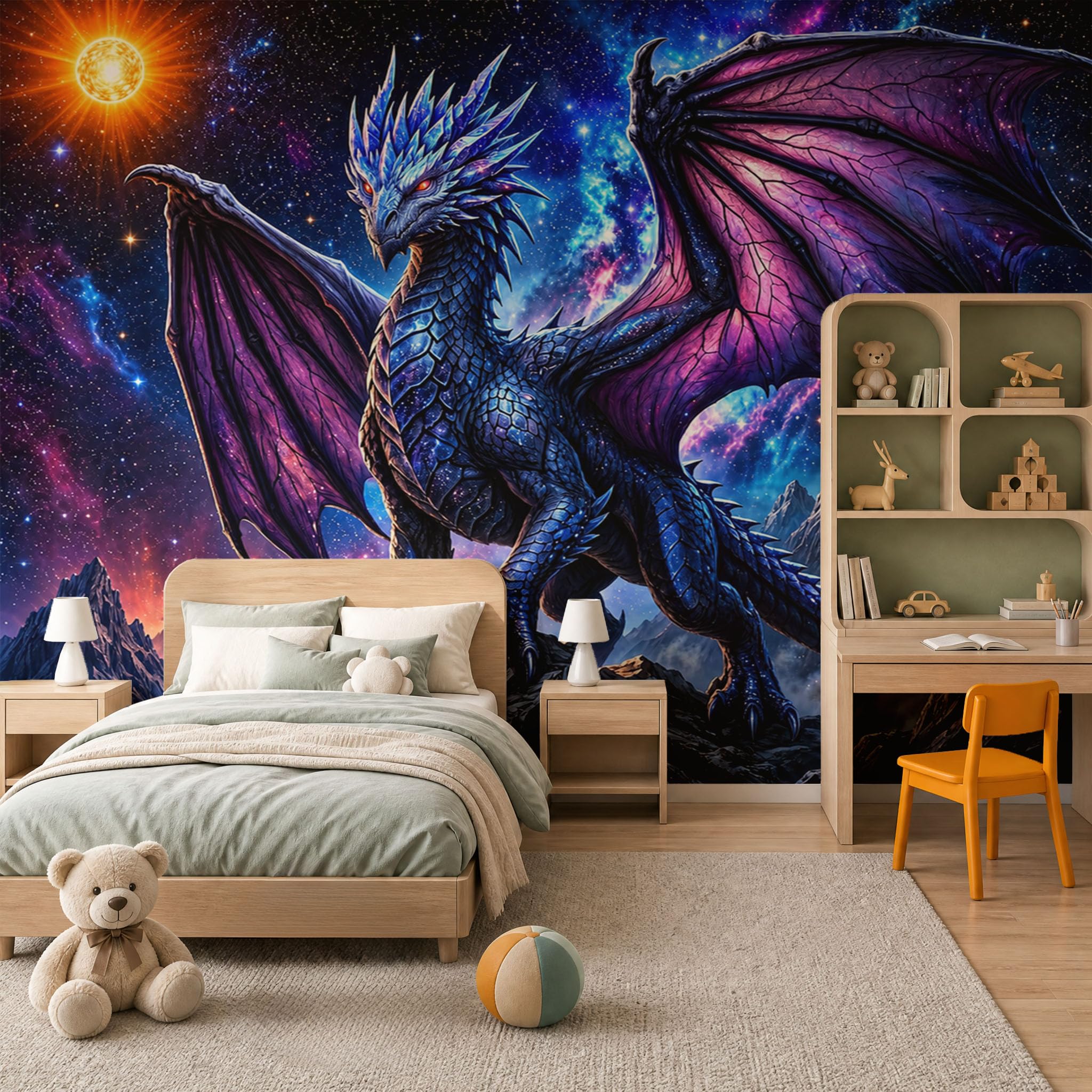 Papier Peint Panoramique 200X140Cm Dragon Ciel Étoilé Fantastique | Bleu-Violet Papier Peint Intissé Tapisserie Poster Décoration Murale Pour Salon Chambre - Animaux Cosmiques Montagnes
