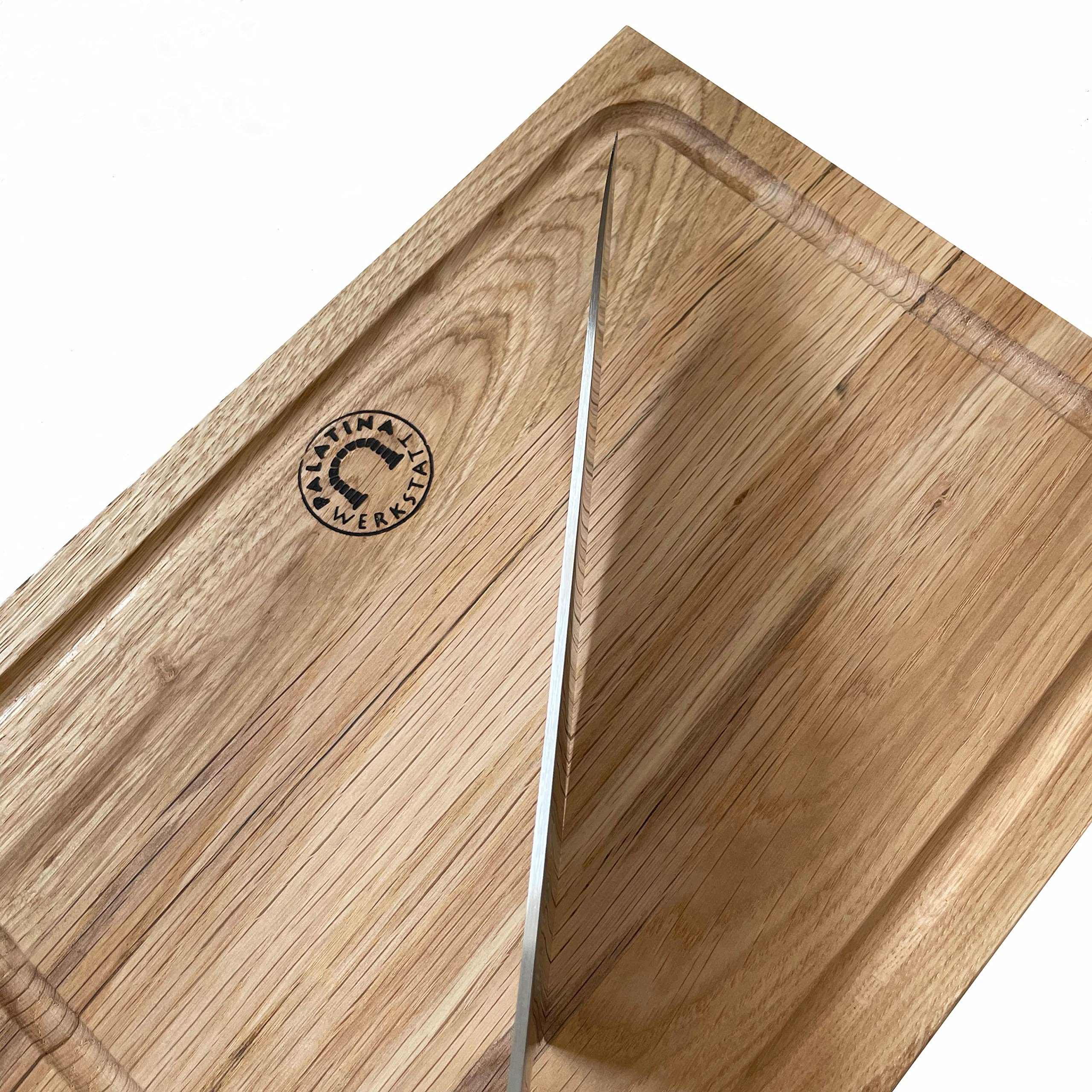 KAI Seki Magoroku Red Wood uchwyt, nóż szefa kuchni z ostrzem ze stali nierdzewnej 20 cm + deska dębowa 30 x 22 cm z rowkiem na sok