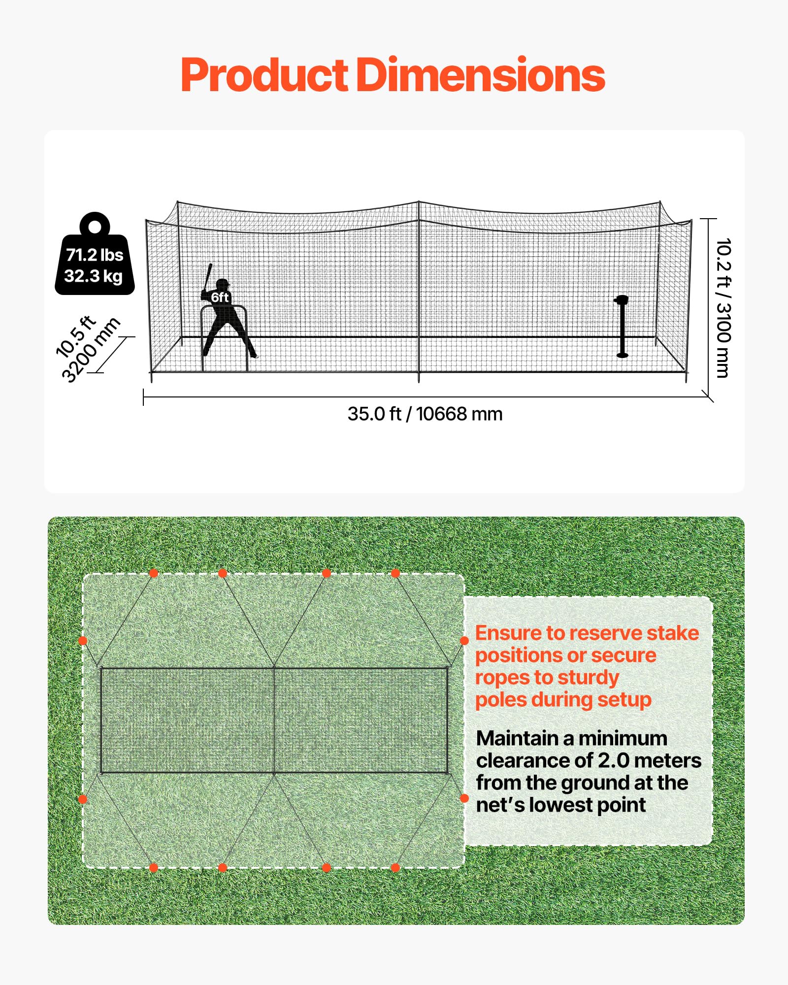 VEVOR Baseball klatka do gry w piłkę (prostokątna) siatka 10668 x 3200 x 3100 mm, przenośna siatka treningowa z 45-warstwową i wiązaną tkaniną HDPE i długimi linkami pozycjonującymi, w zestawie siatka