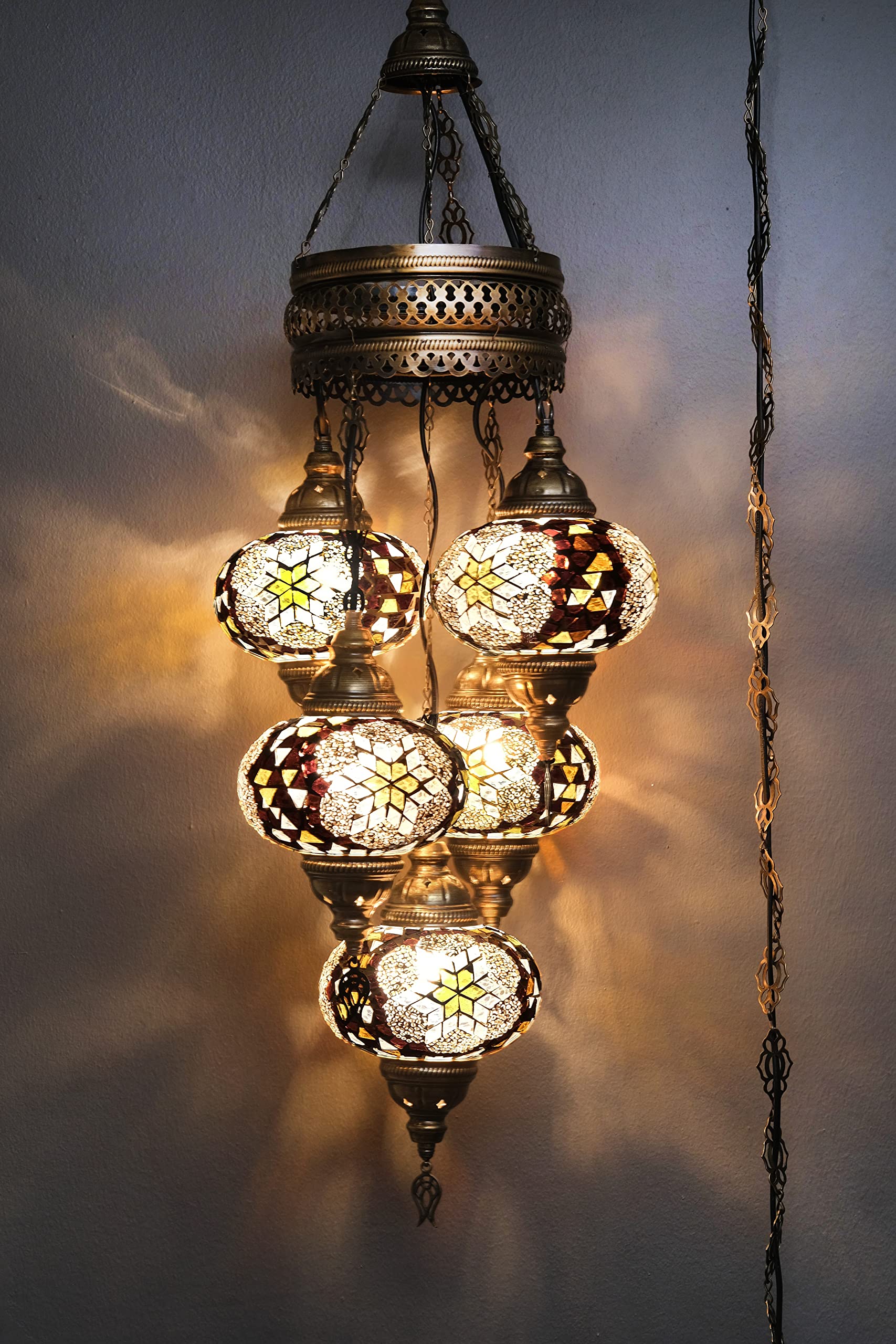 5 Globe Turkish Pendant Ligting, Mosaic Turkish Moroccan Hanging Lamp, Ceiling Decorative Dining Lamp, 3 Feet Height 7 inch Globes (CoffeeMilk)