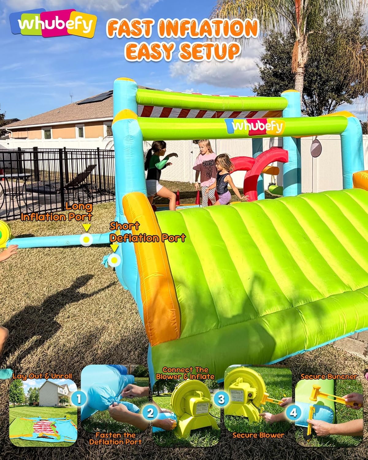 Whubefy 16 x 11.5 FT Inflatable Bounce House for Multiple Big Kids 3-12 with Elevated Giant Slide, Convertible Ball Pit/Water Pool with Shade Canopy and Obstacle Course Games, UL Certified 750W Blower