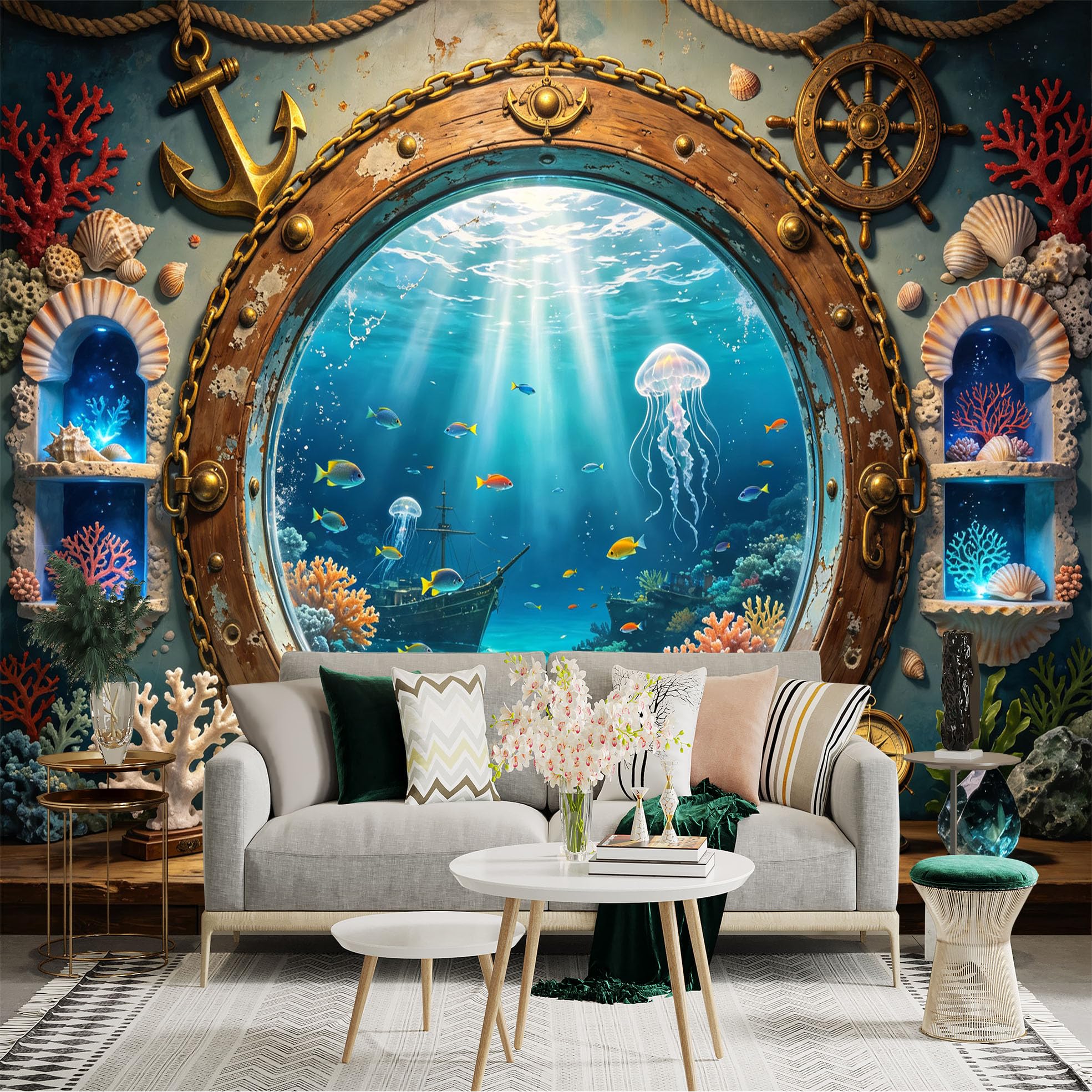 Custom Size Wall Sticker Mural， Ocean Porthole with Coral Reef， Jellyfish and Sunken Ship， for wall Decoration， peelandstick wall Decals.