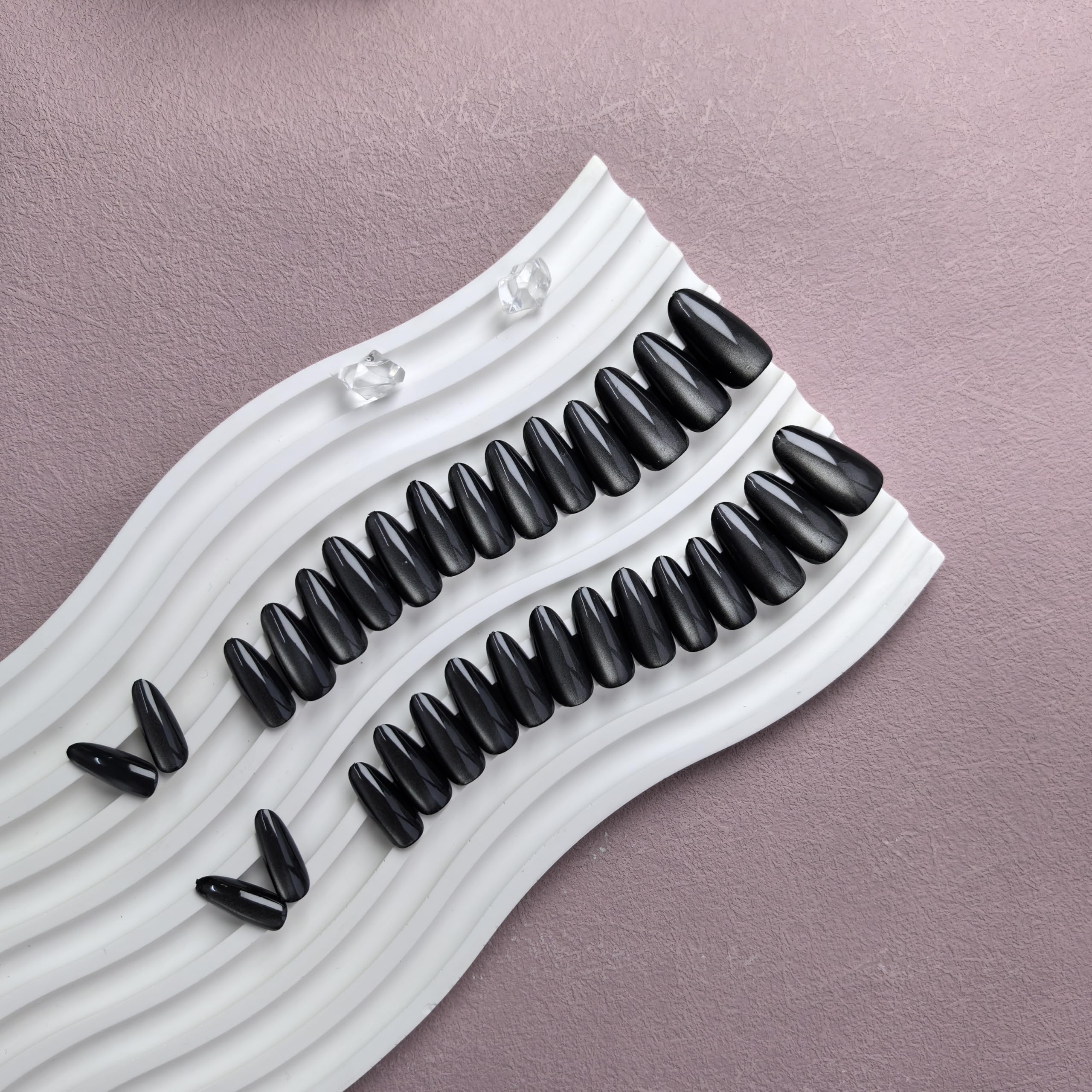 KQueenest Cat Eye Press on Nails Almond Medium, Glazed Glitter Black False Nails Medium - Image 3