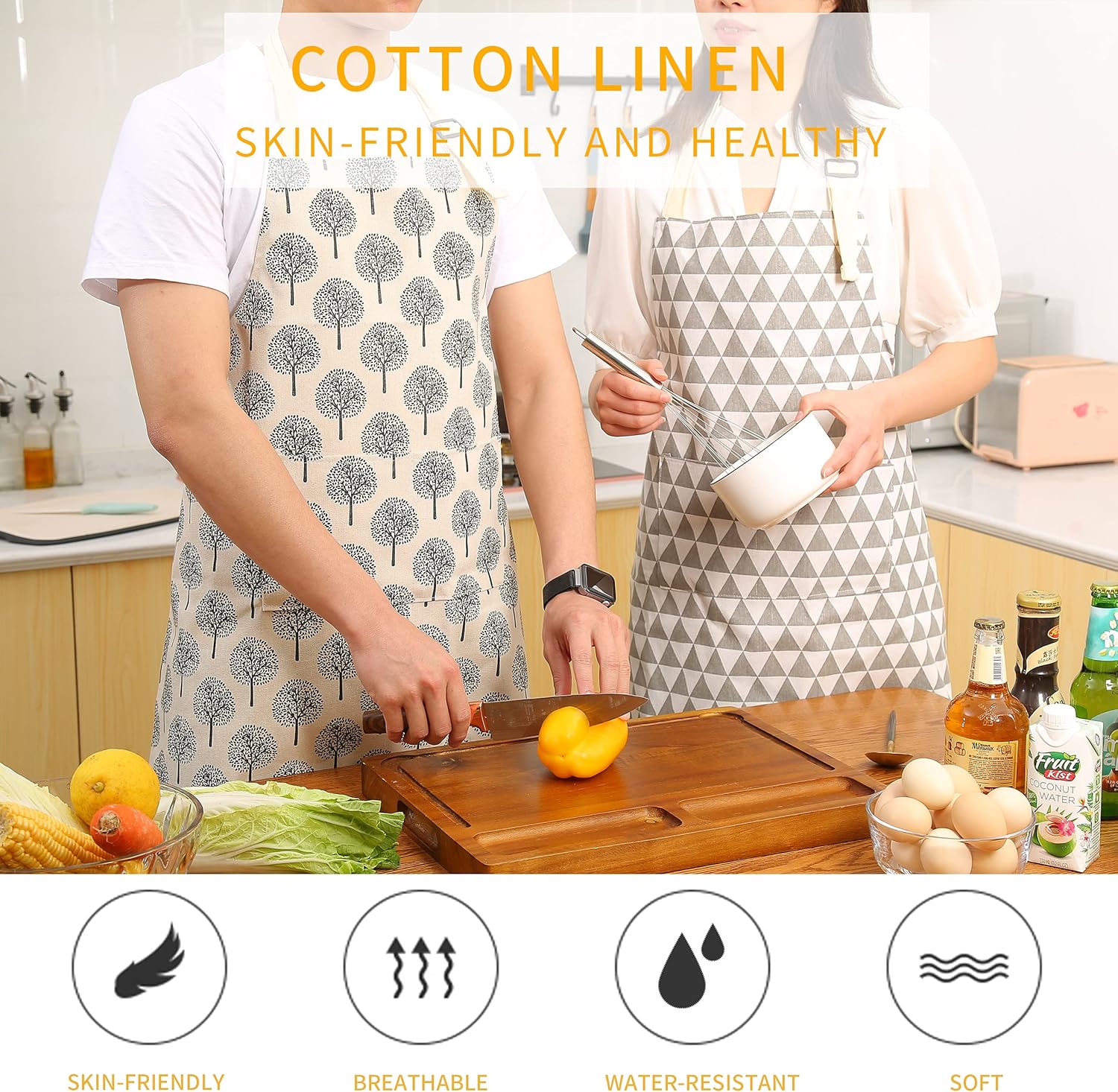 Tosewever 2 Pieces Cotton Linen Waterproof Bib Apron with 2 Pockets - Long Ties Adjustable Neck Strap - Unisex Cooking Kitchen Decorative Pattern Aprons for Women Chef (Triangle/Tree, 2) - Image 2