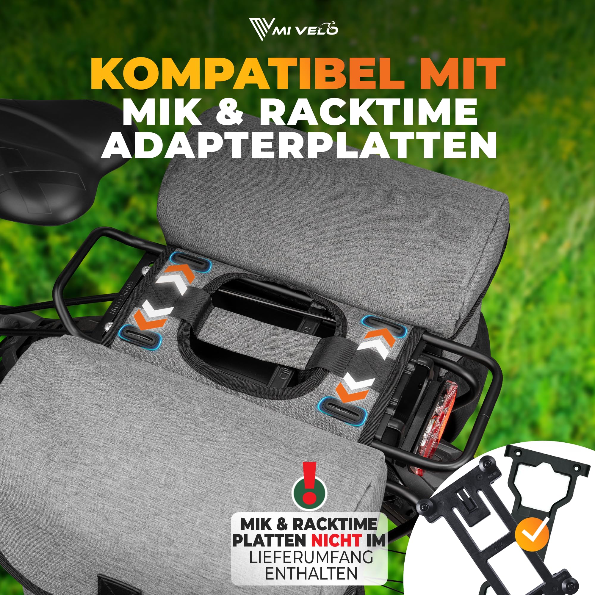MIVELO Doppeltasche aus recyceltem Material I Fahrradtasche für Gepäckträger 36L I Gepäckträgertasche doppelt kompatibel mit MIK & Racktime Adapter I Tasche Fahrrad doppelt (Grau)