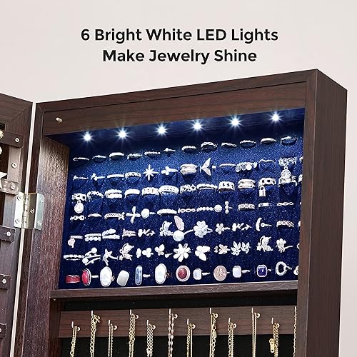 Miniatura 5 de SONGMICS - Armario de joyería con espejo y con 6luces LED, organizador de joyería de pie con espejo y con cerradura, 2cajones, color marrón UJJC94K